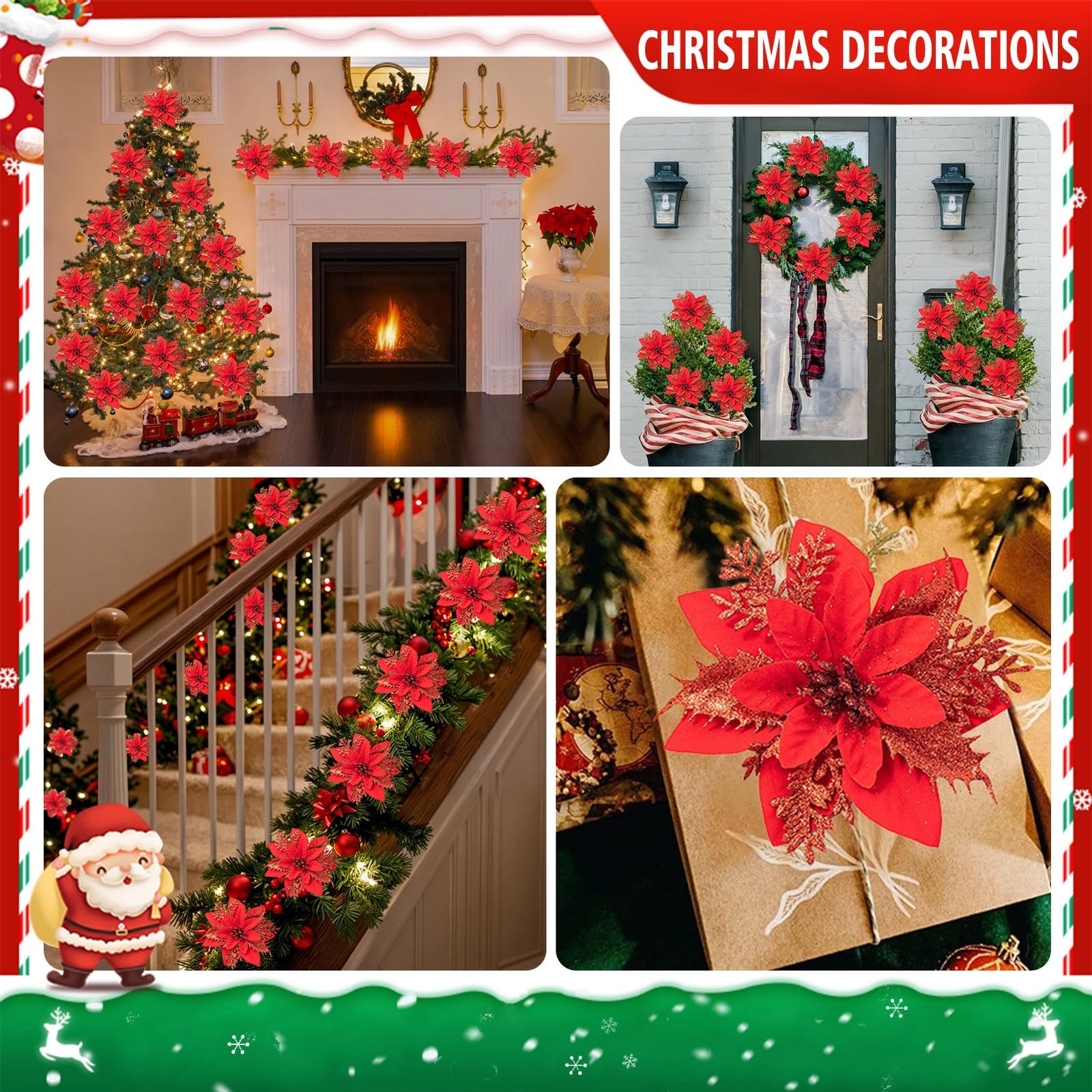 24 PCS Christmas Artificial Poinsettia Flowers 5.9 Inch Glitter Clips Red