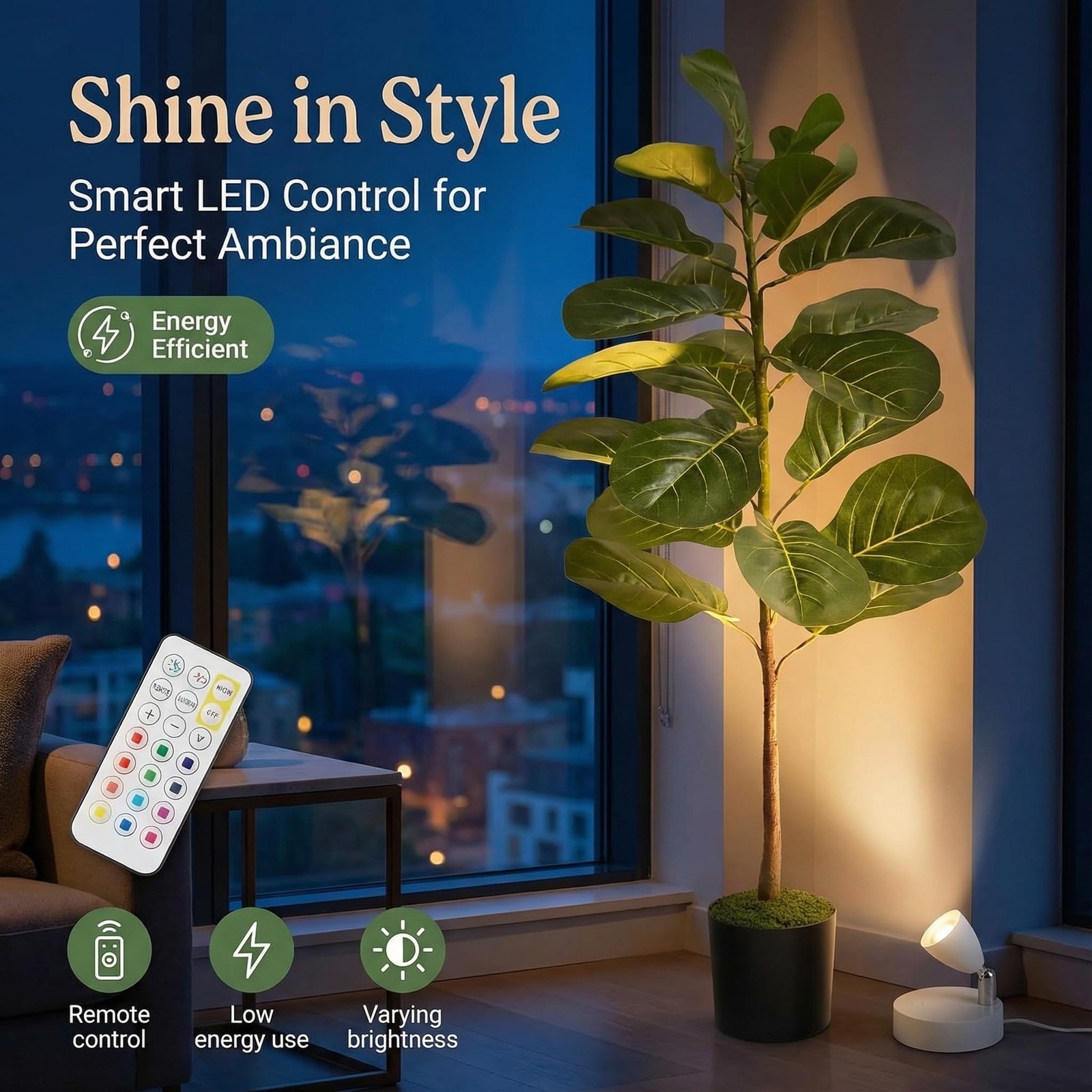 Artificial Fiddle Leaf Fig Tree 3ft (36 Inch) Tall – with Remote LED Spotligh…