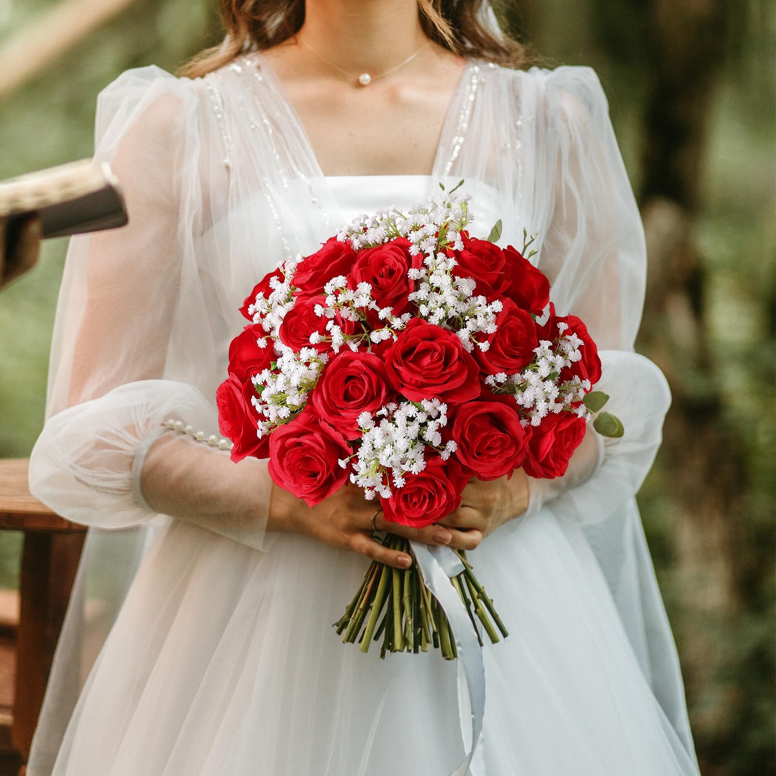 50pcs Red Roses in Bulk, Realistic Long Stem Fake Silk Roses Bouquet for Wedd…