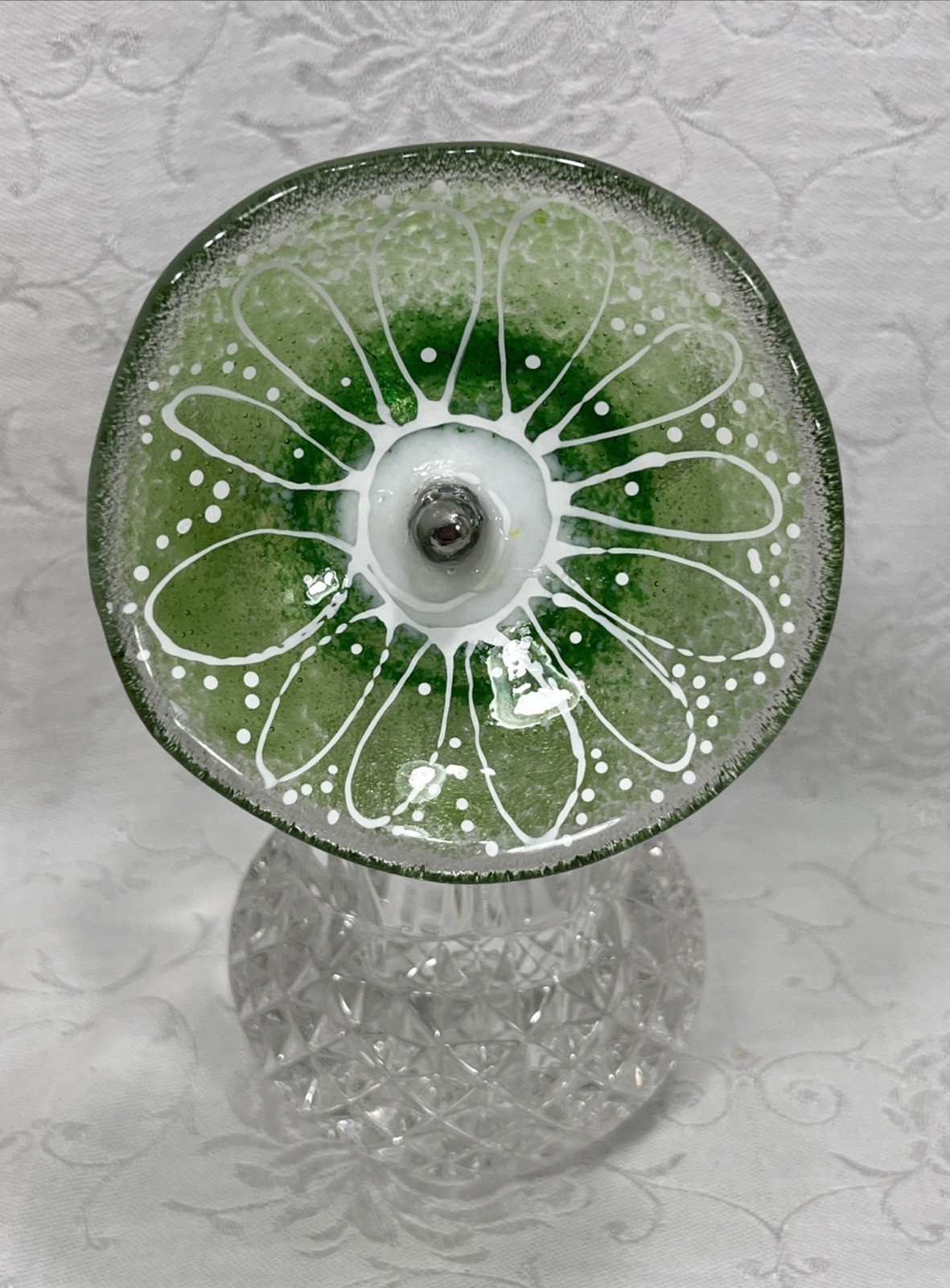 4 Flowers Pressed Glass Painted Tabletop Garden Bouquet Round Silver Metal Stems