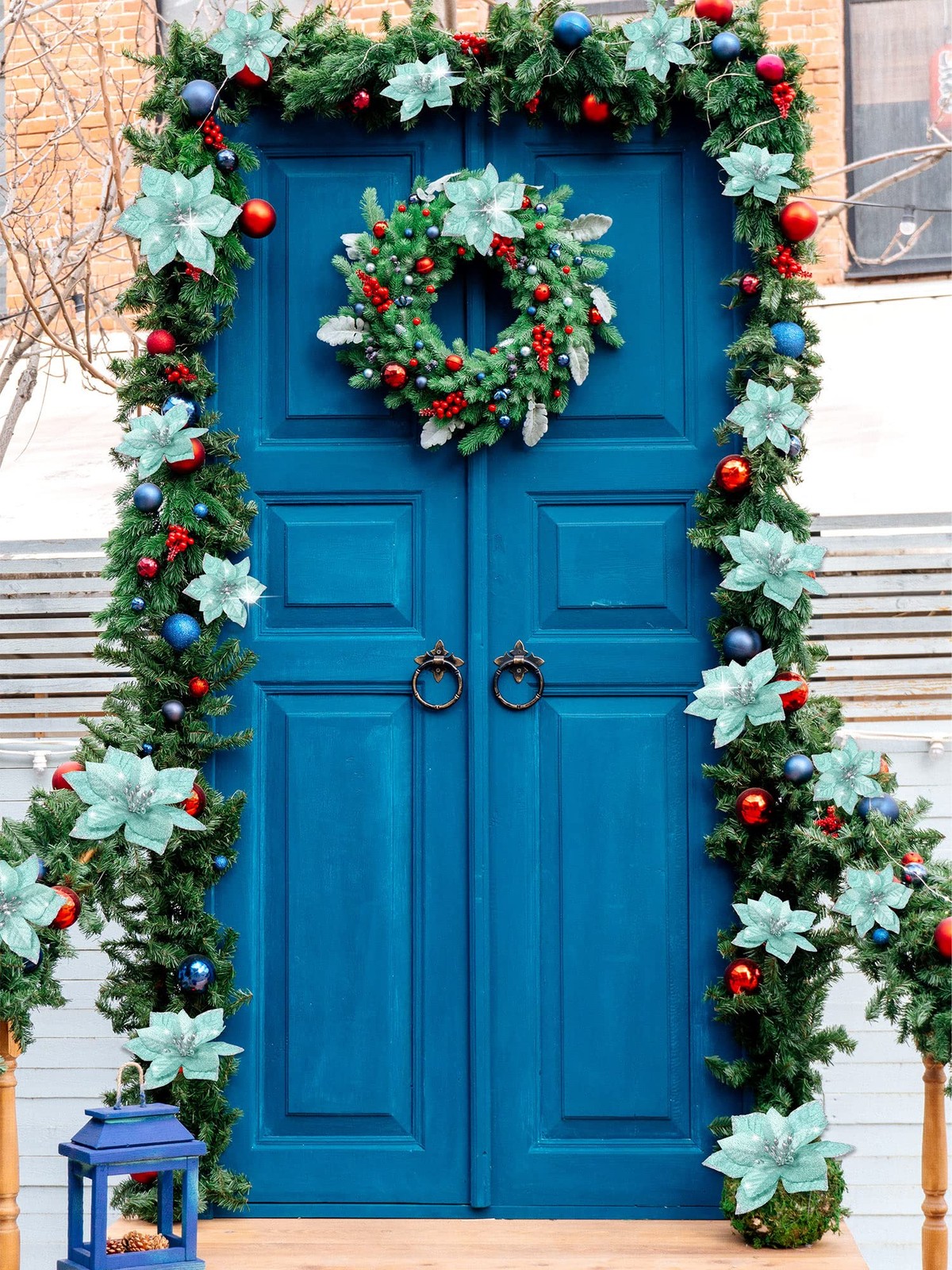 24 PCS Blue Green Glitter Poinsettia Clip-On Ornaments Christmas Tree Decor