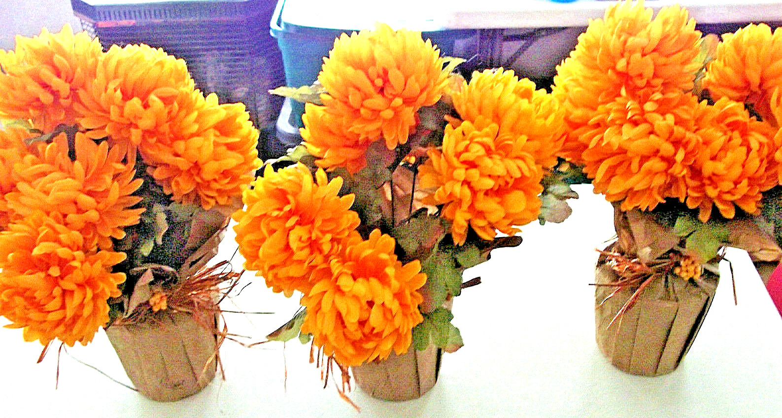Lot 3 AS IS 16″ Faux Orange 8 MUM Flower Blossoms AUTUMN FALL Covered POT Decor