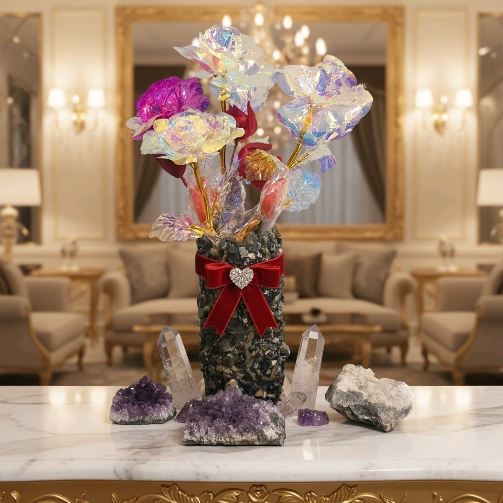 Floral Arrangement With Vase And Lights-New-Hand Crafted