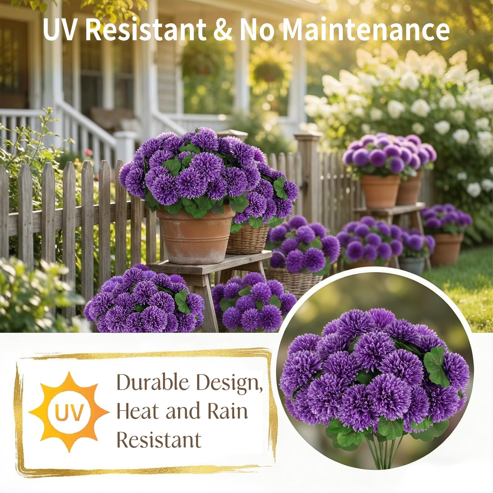 Artificial Flowers for Outdoors, 6 Pcs Globe Daisy (Purple)