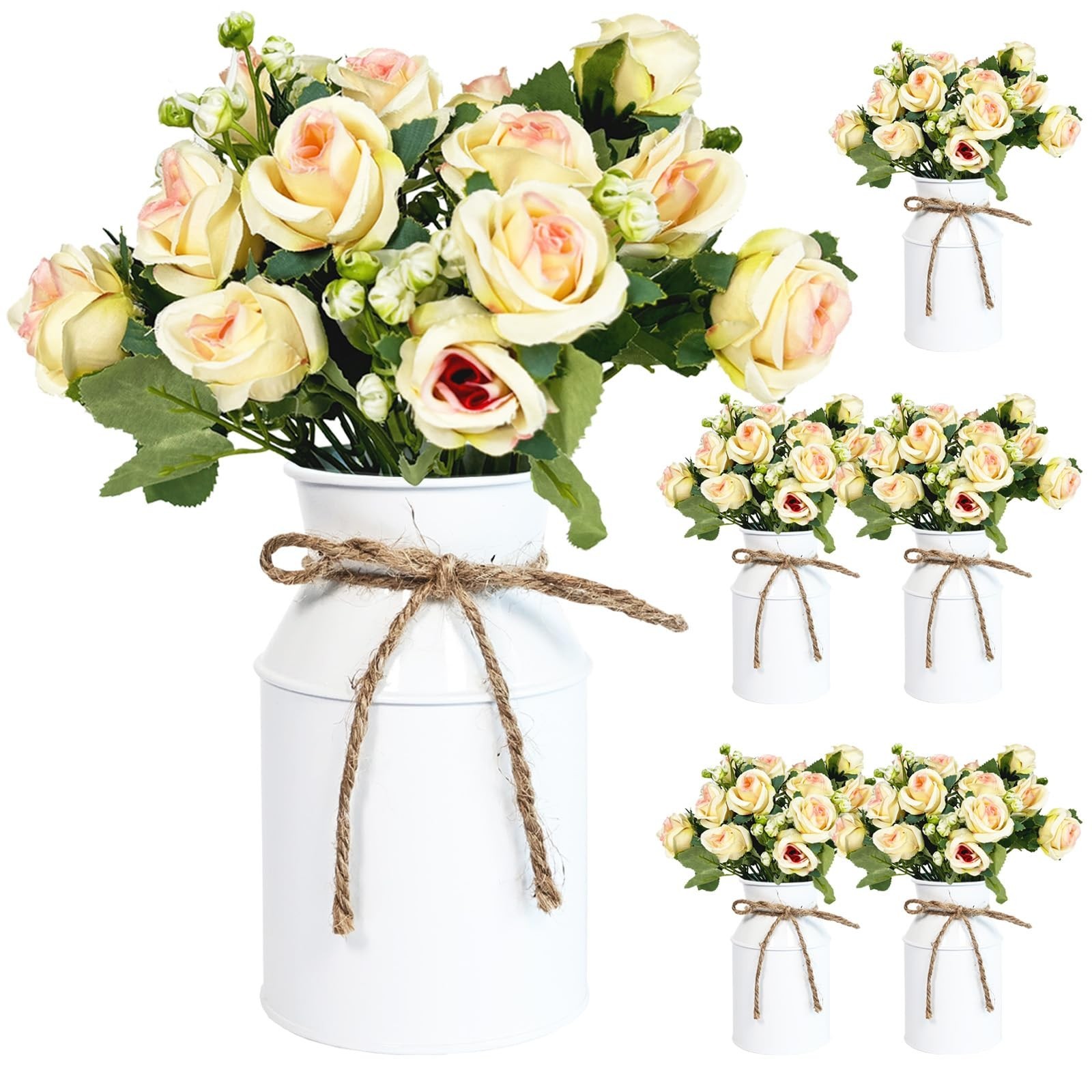 Farmhouse Faux Rose Flower Arrangements – Set of 6 for Table Centerpieces, Home