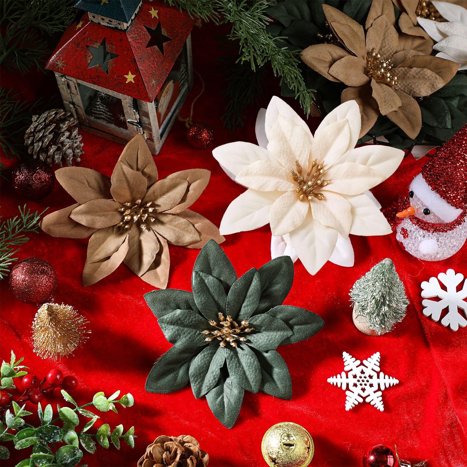 15 Pcs Christmas Poinsettia Artificial Flowers with Clips Christmas Tree Flow…