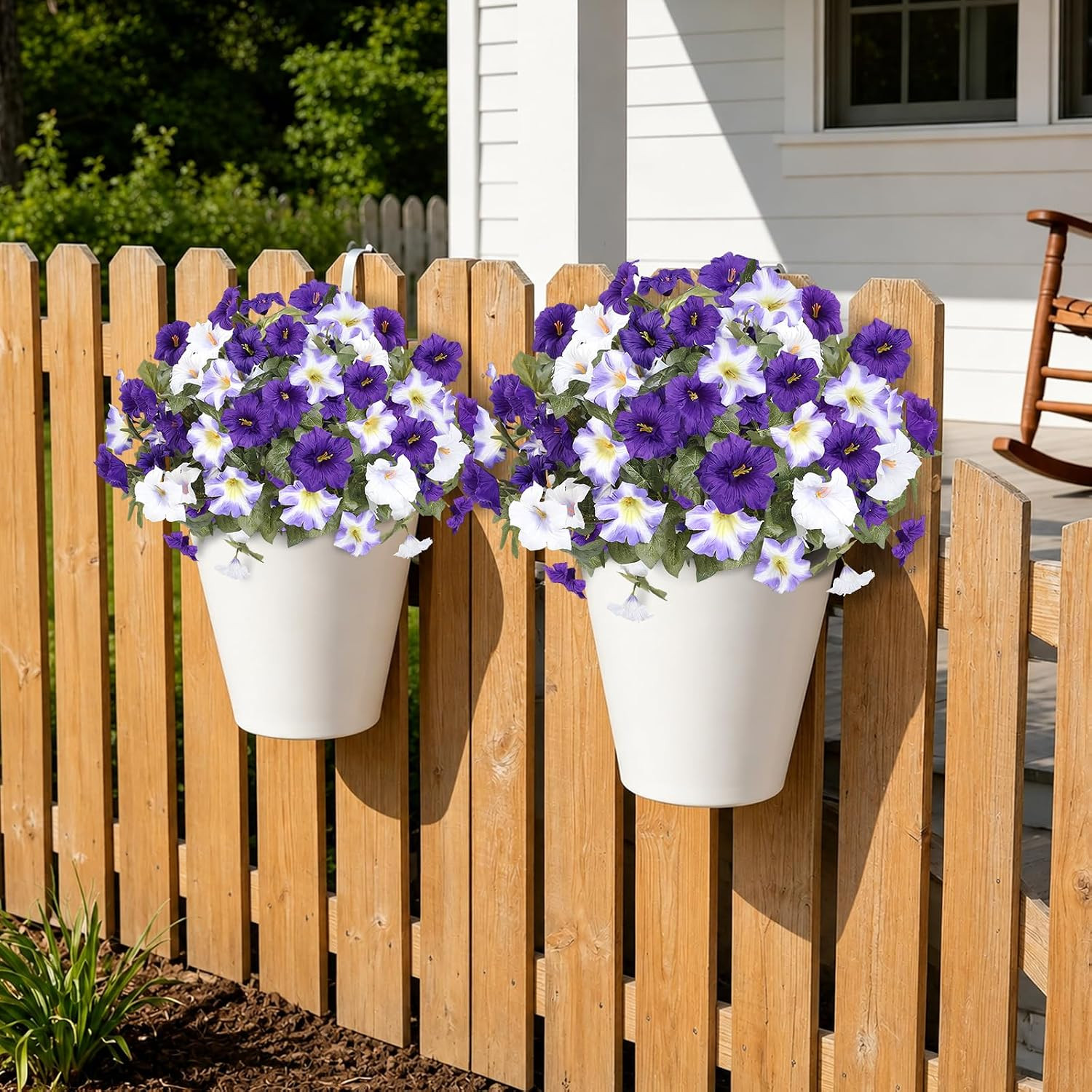 UV Resistant Large Faux Petunias – 8 Bundles for Outdoor Decor (Purple-White)