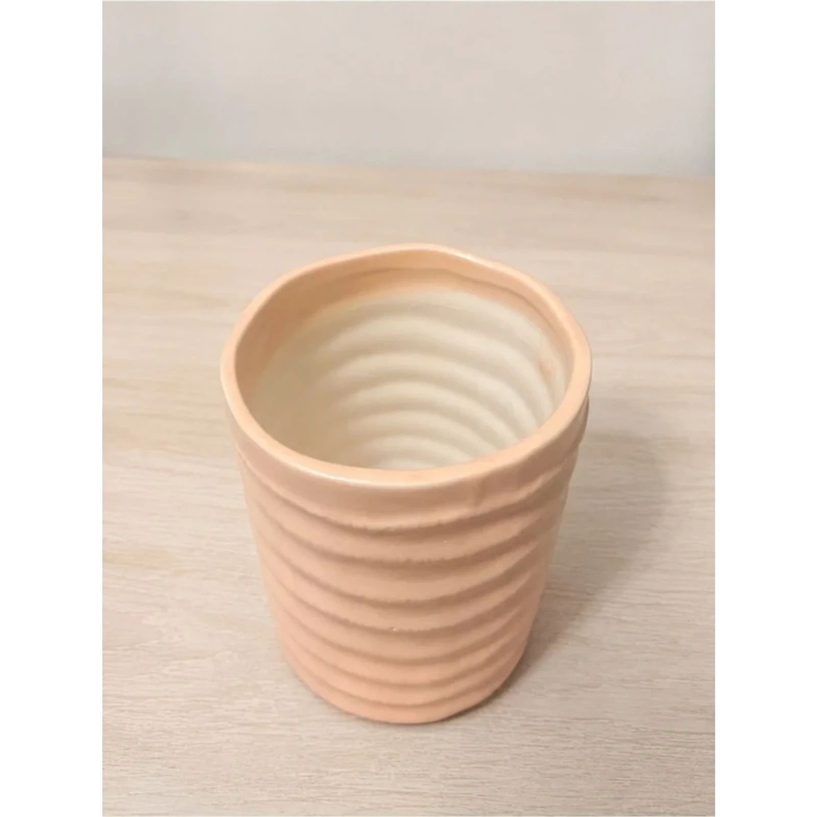 Light Beige Ribbed Ceramic Planter or Decorative Vase