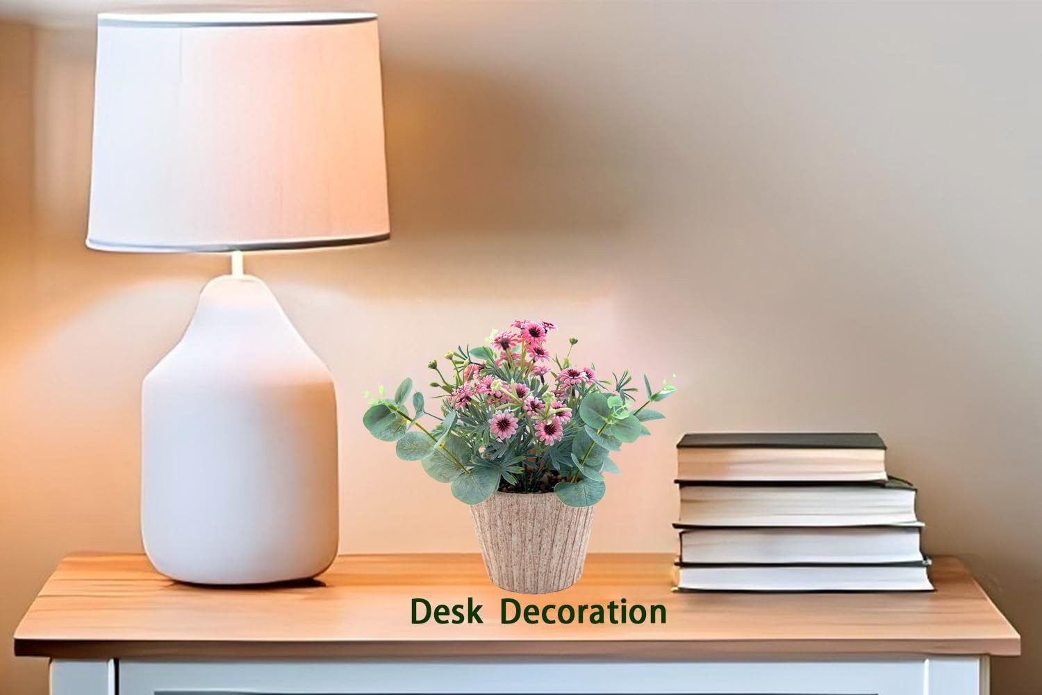 9 Inch Fake Pink Flowers Plants Artificial Daisy in Yellow Plastic Pot Decor