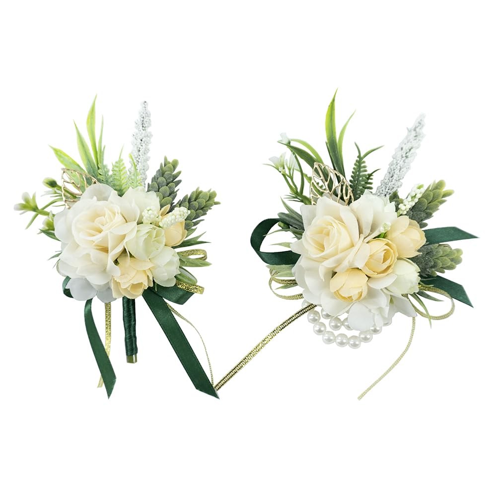 2 Pcs Wrist Corsage and Boutonniere Set, Champagne Corsage for Wedding, Bouto…
