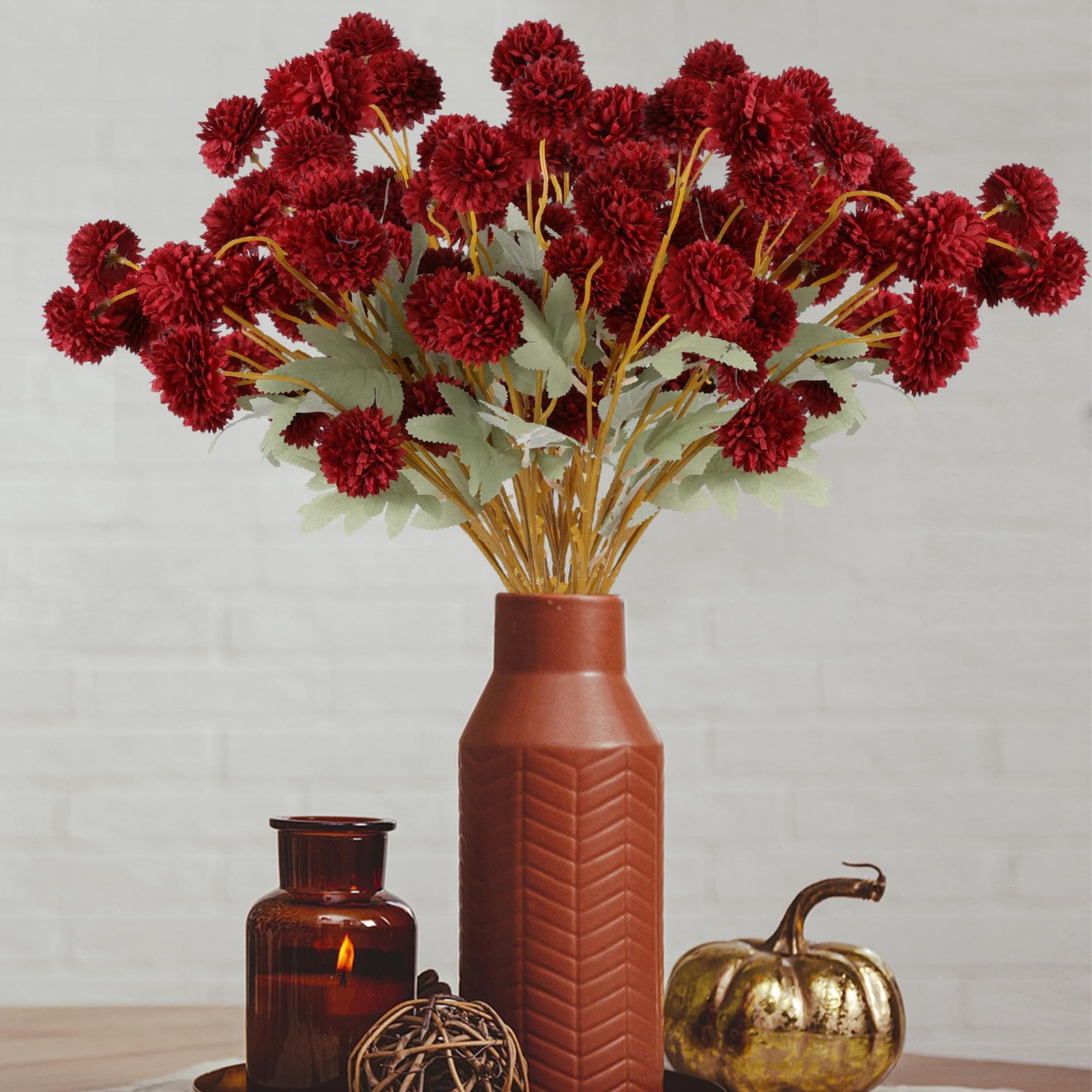 12 PCS Burgundy Red Kiku Pom Pom Chrysanthemum Artificial Flower Fall Decor