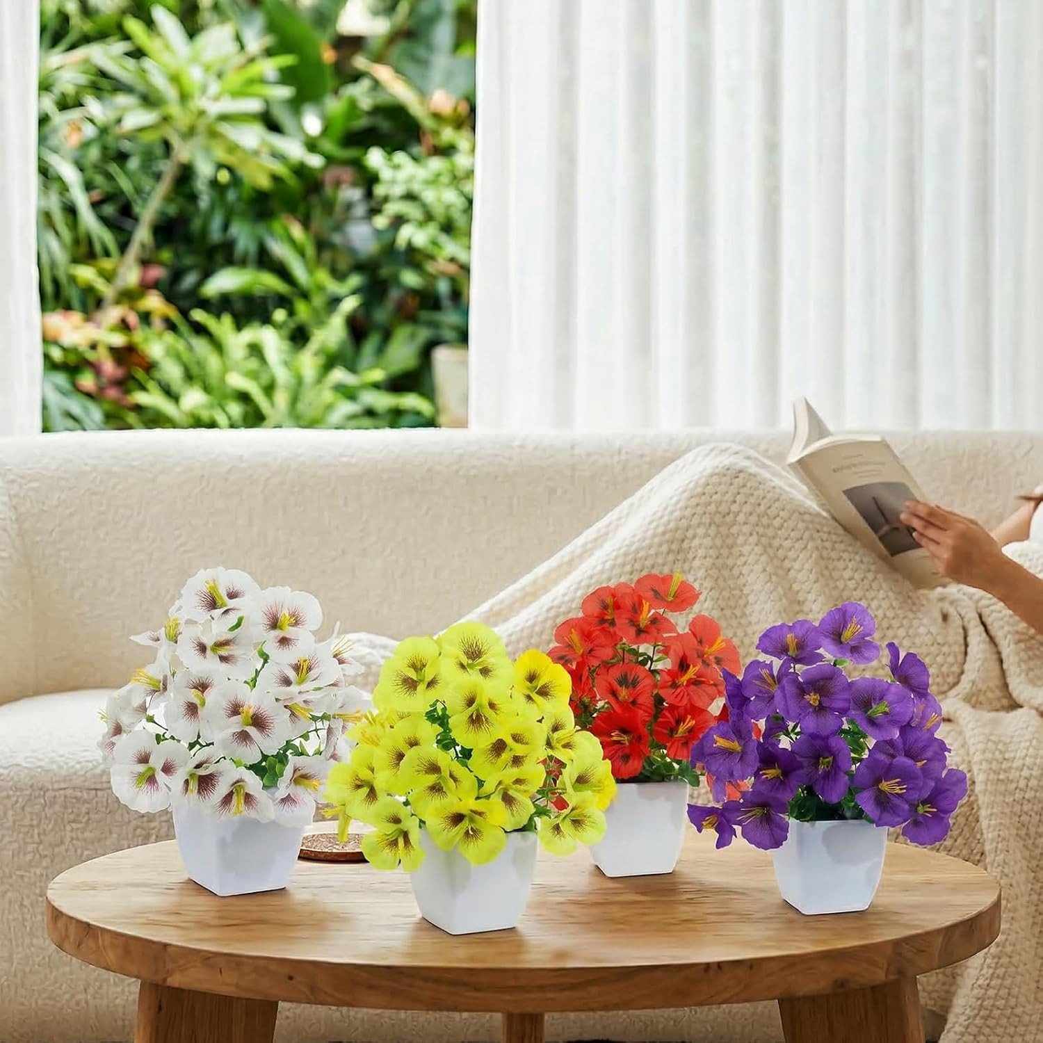 4 Pack Small Artificial Pansy Flowers Fake Plants in White Pots, Mini
