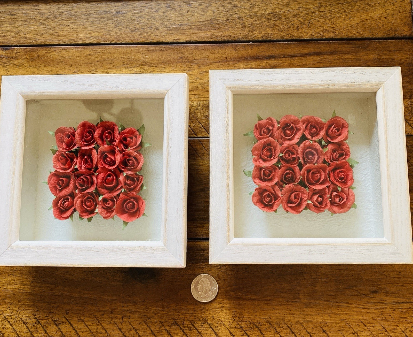 Set of 2 Shadow Box Wall Decor White Frames with Artificial Paper Red Roses