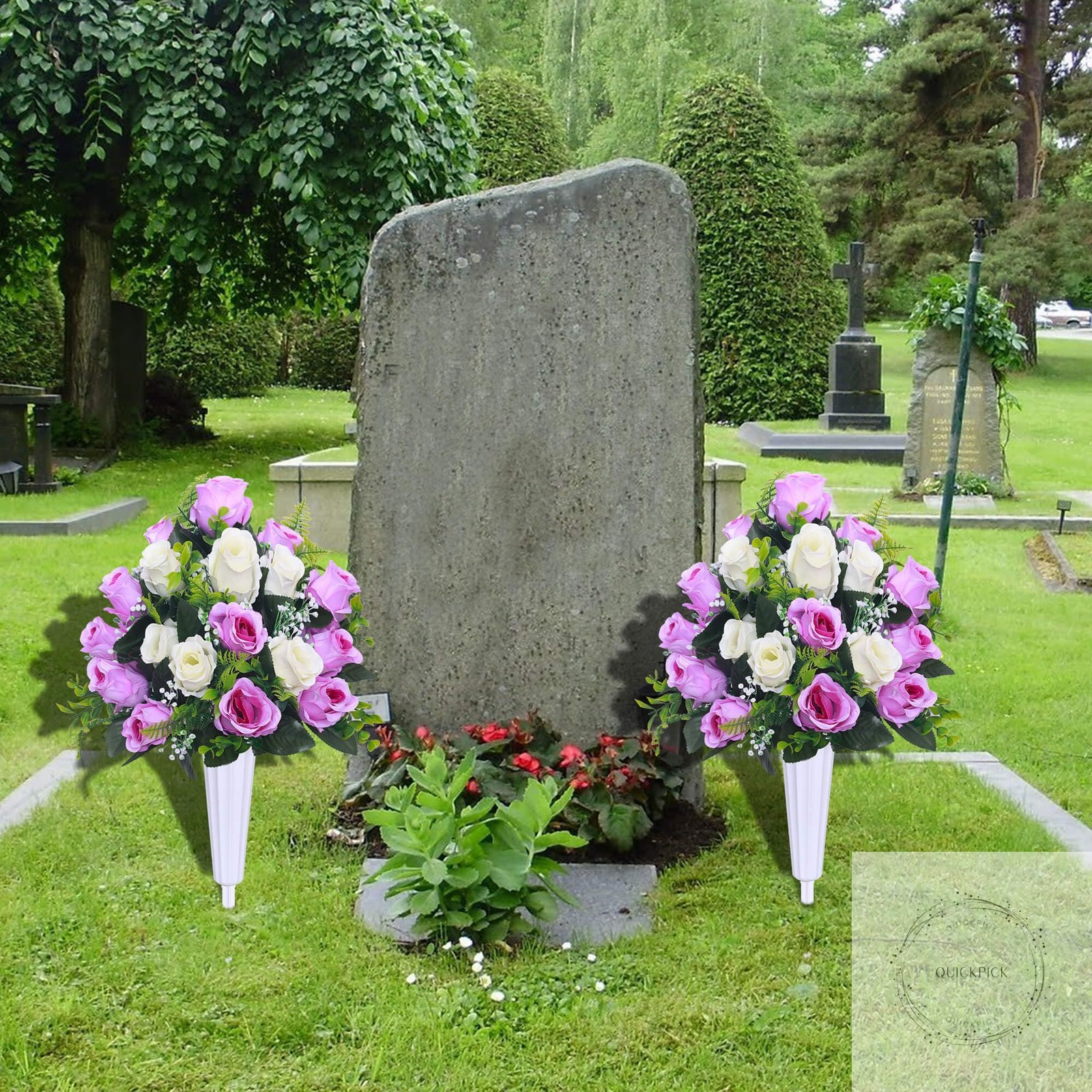 Artificial Cemetery Flowers,Set of 2 Grave Decorations Roses, Tombstone Memorial