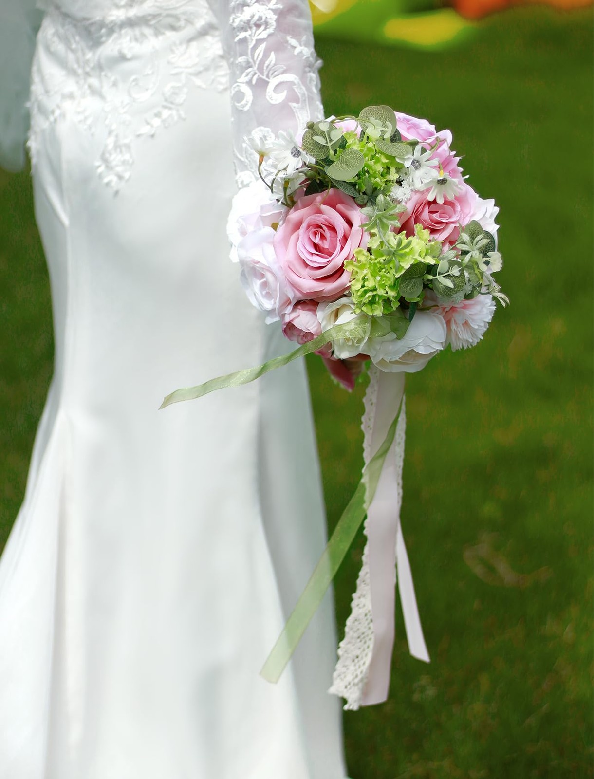 8.6in Blush Wedding Bouquets for Bride Bridesmaid, Pastel Pink White Green Bo…