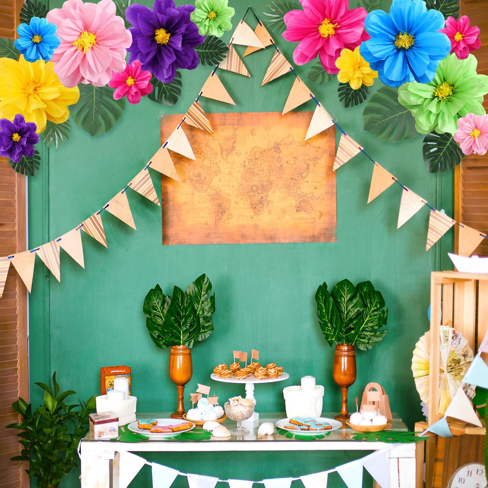 42 Pcs Tissue Paper Flowers Faux Palm Leaves Set 12 Pcs 20”/10” Colorful Gi…