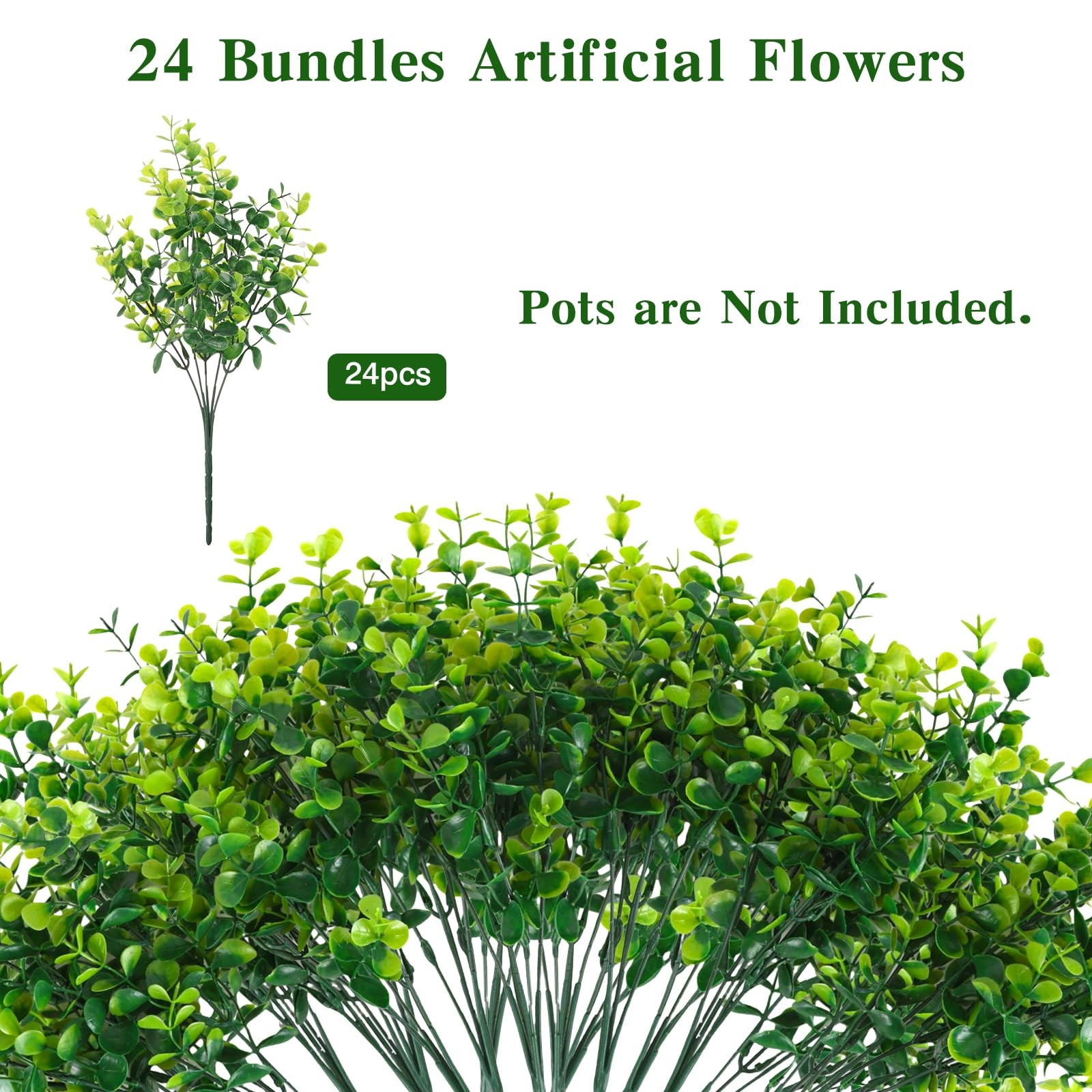 Artificial Boxwood Stems 24 Pack UV Resistant Faux Eucalyptus Shrubs Indoor