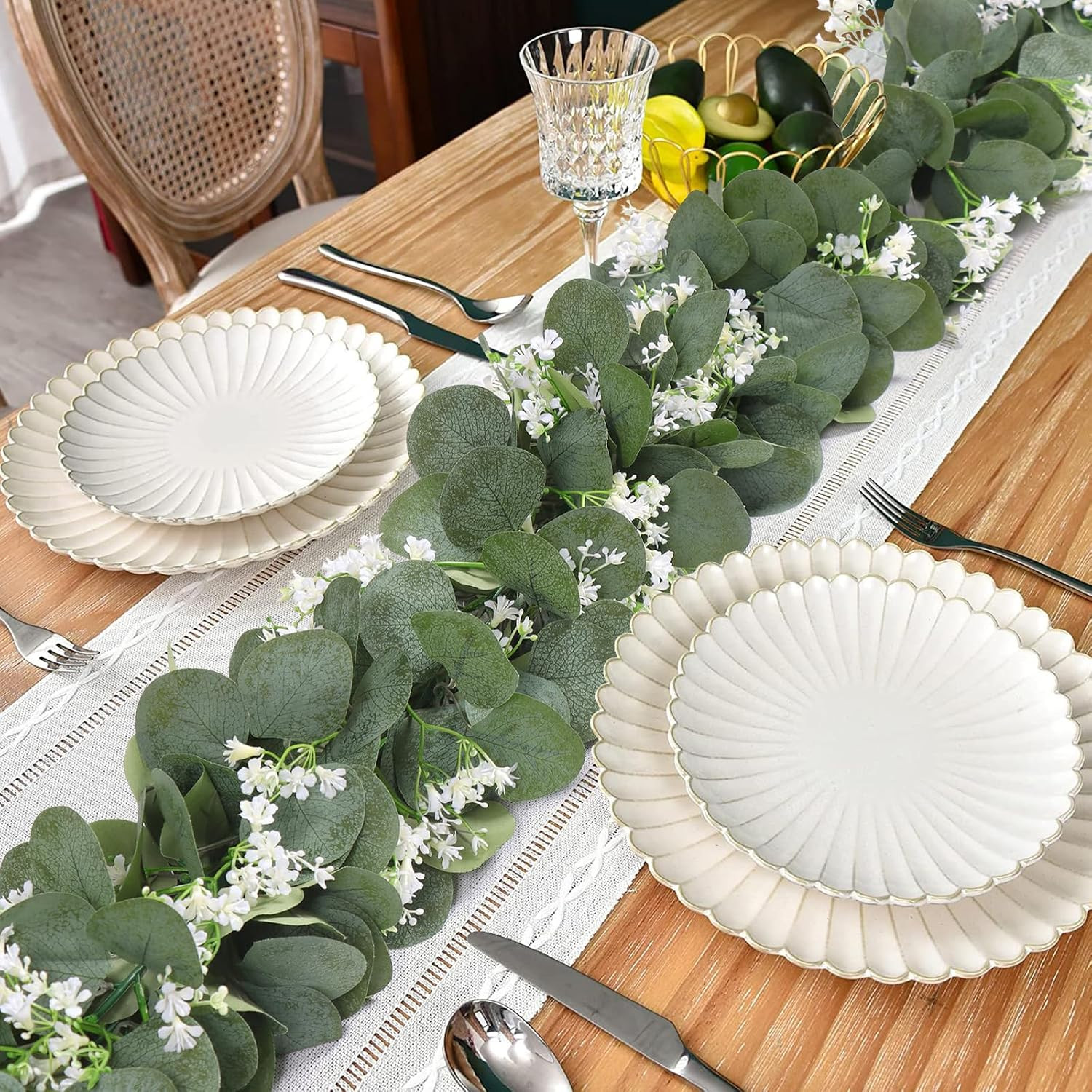 Eucalyptus Garland with White Flowers, 4 Packs 5.9Ft Artificial Silver Dollar Eu