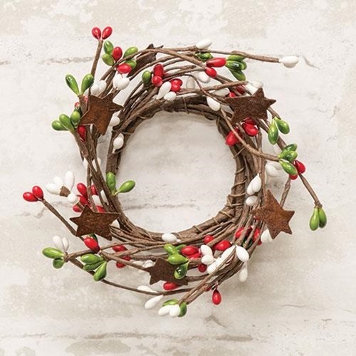 NEW Farmhouse Berry Wreath Candle Rings 2pc Rust Stars 4″ Red Green White Pips
