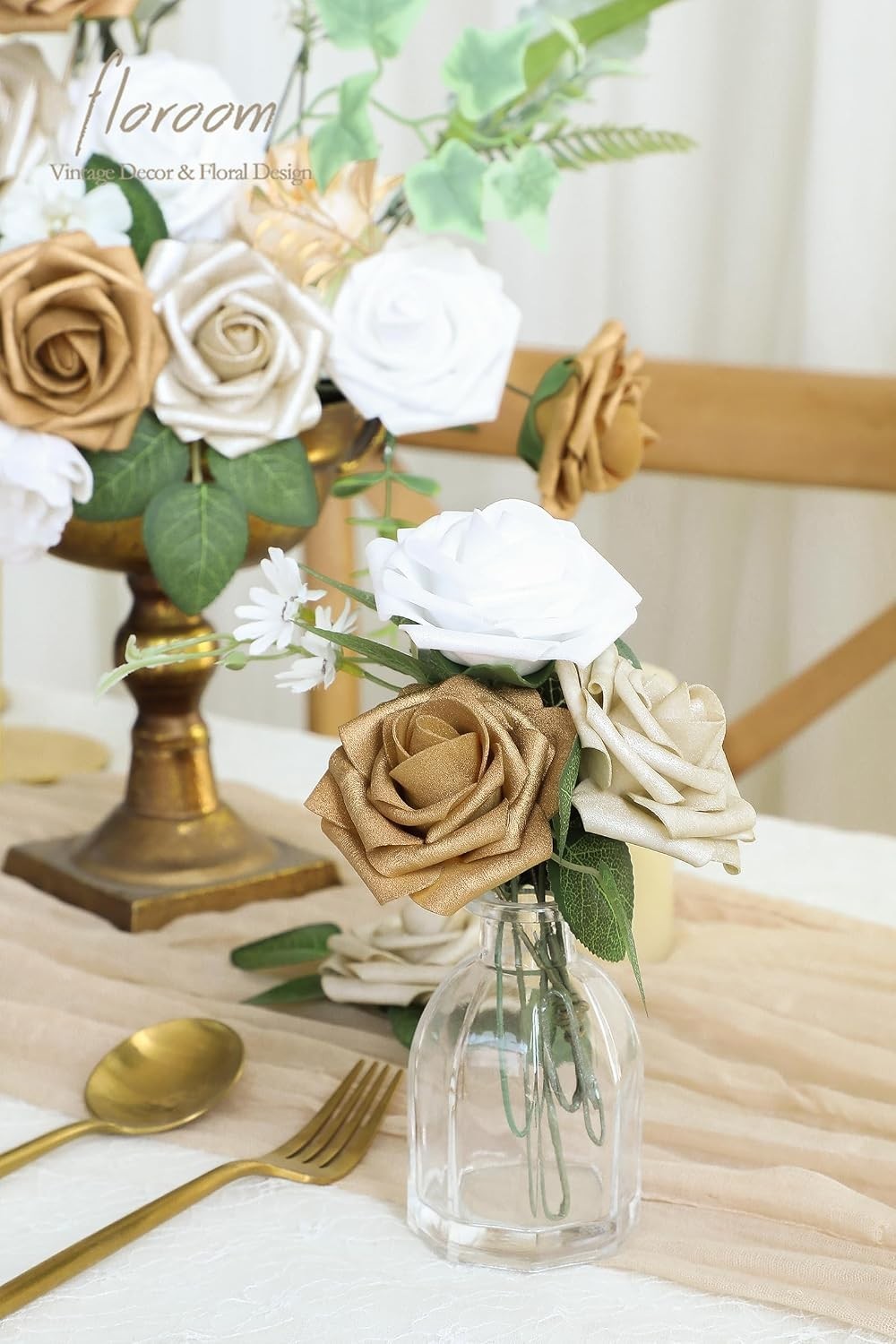 Versatile 25pcs Gold & Champagne Faux Roses for Home Decor & Special Occasions