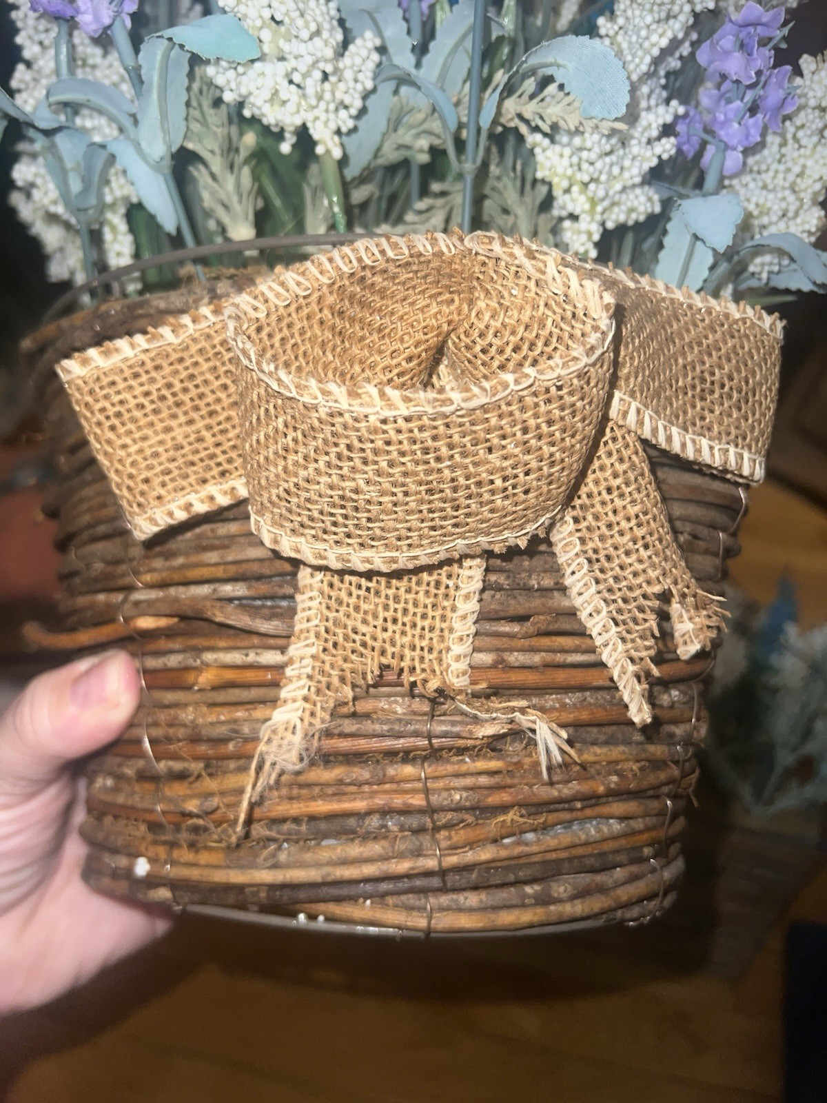 2 Farmhouse Artificial Lavender & Statice Flower Arrangement in Woven Baskets
