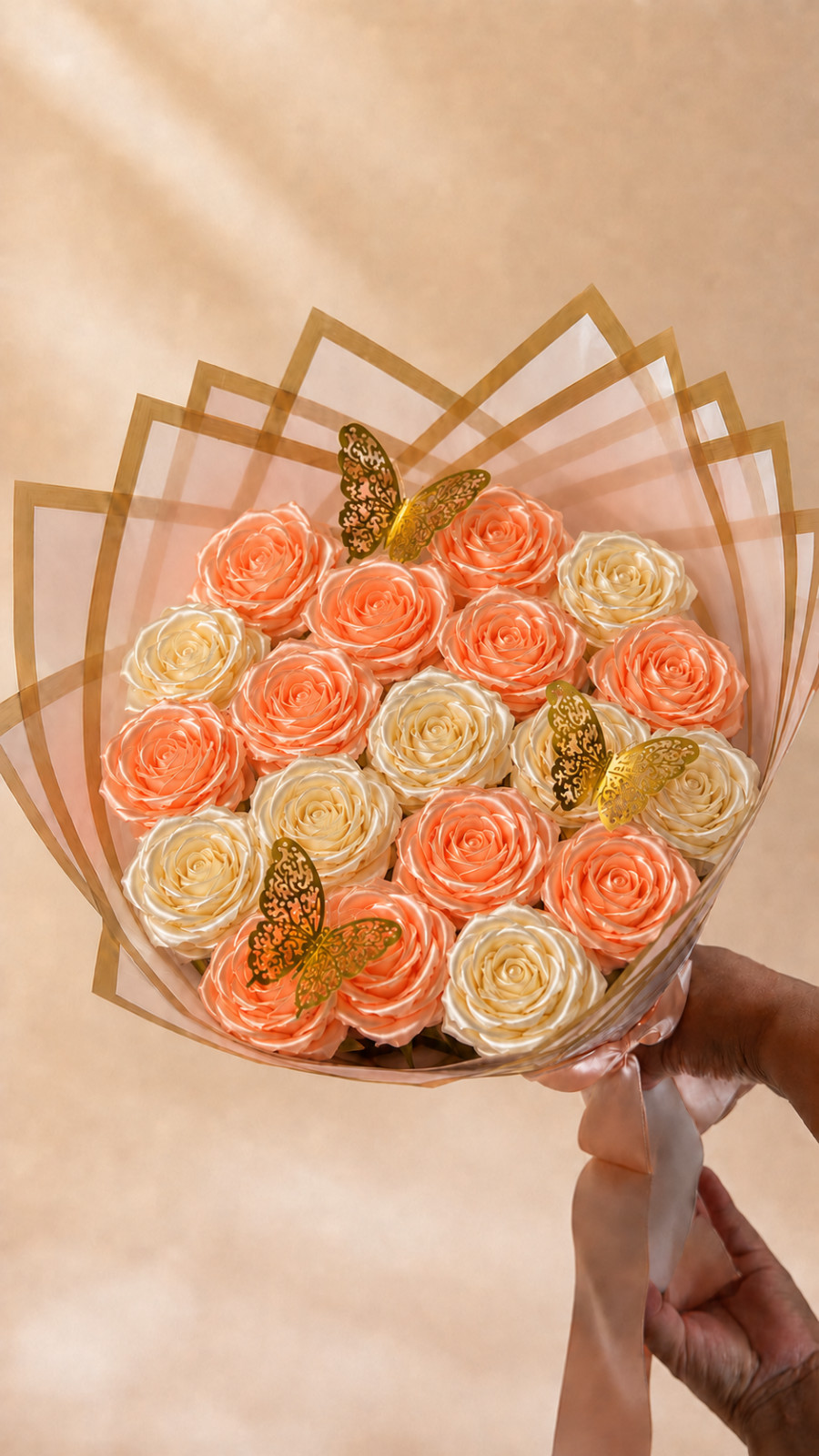 NORELD 20 Satin Rose Bouquet Peach Ivory Gold Butterflies Handmade Gift