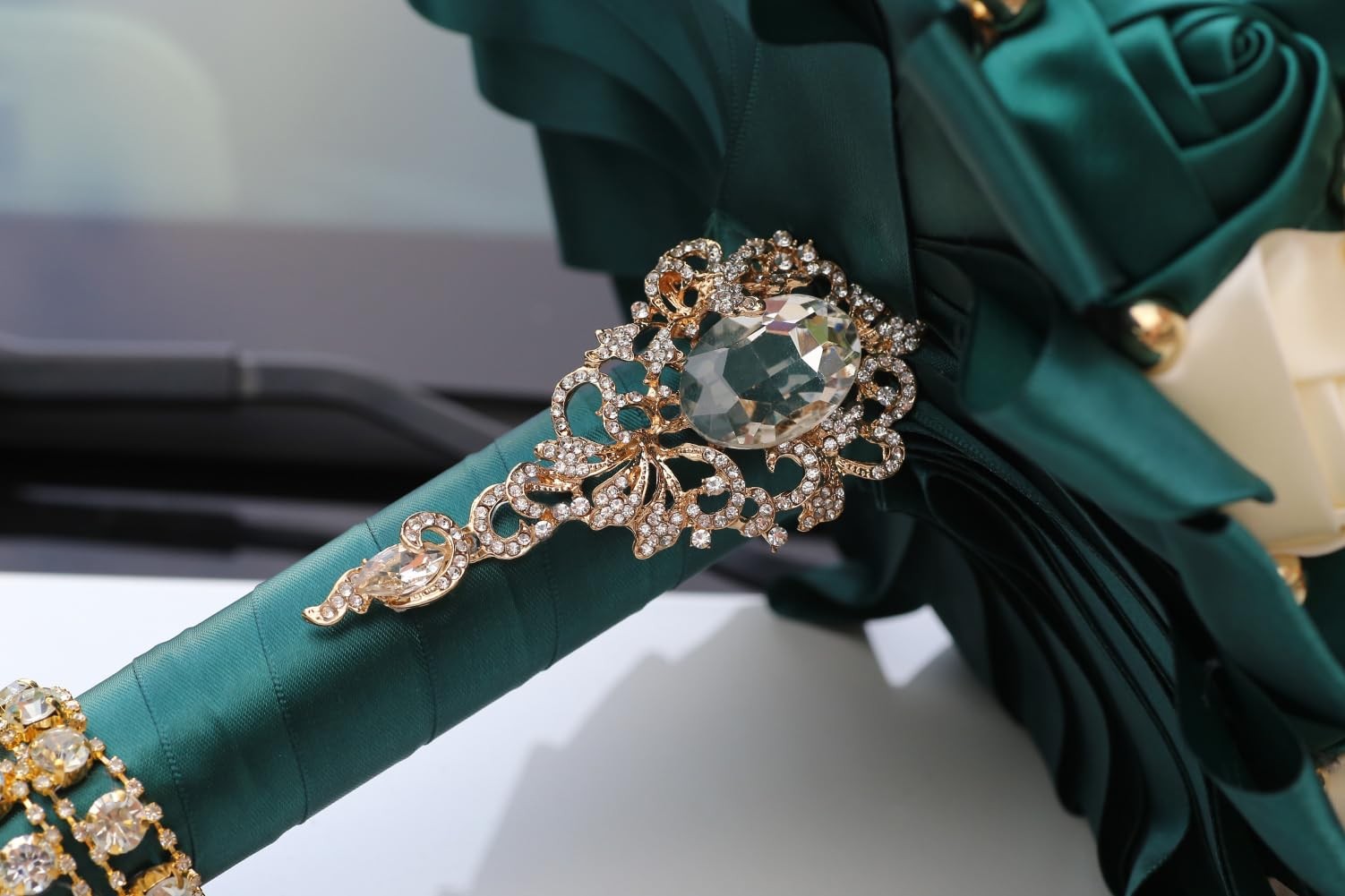 Emerald Green and Ivory Bridal Wedding Bouquet with Gold Brooch Rhinestone