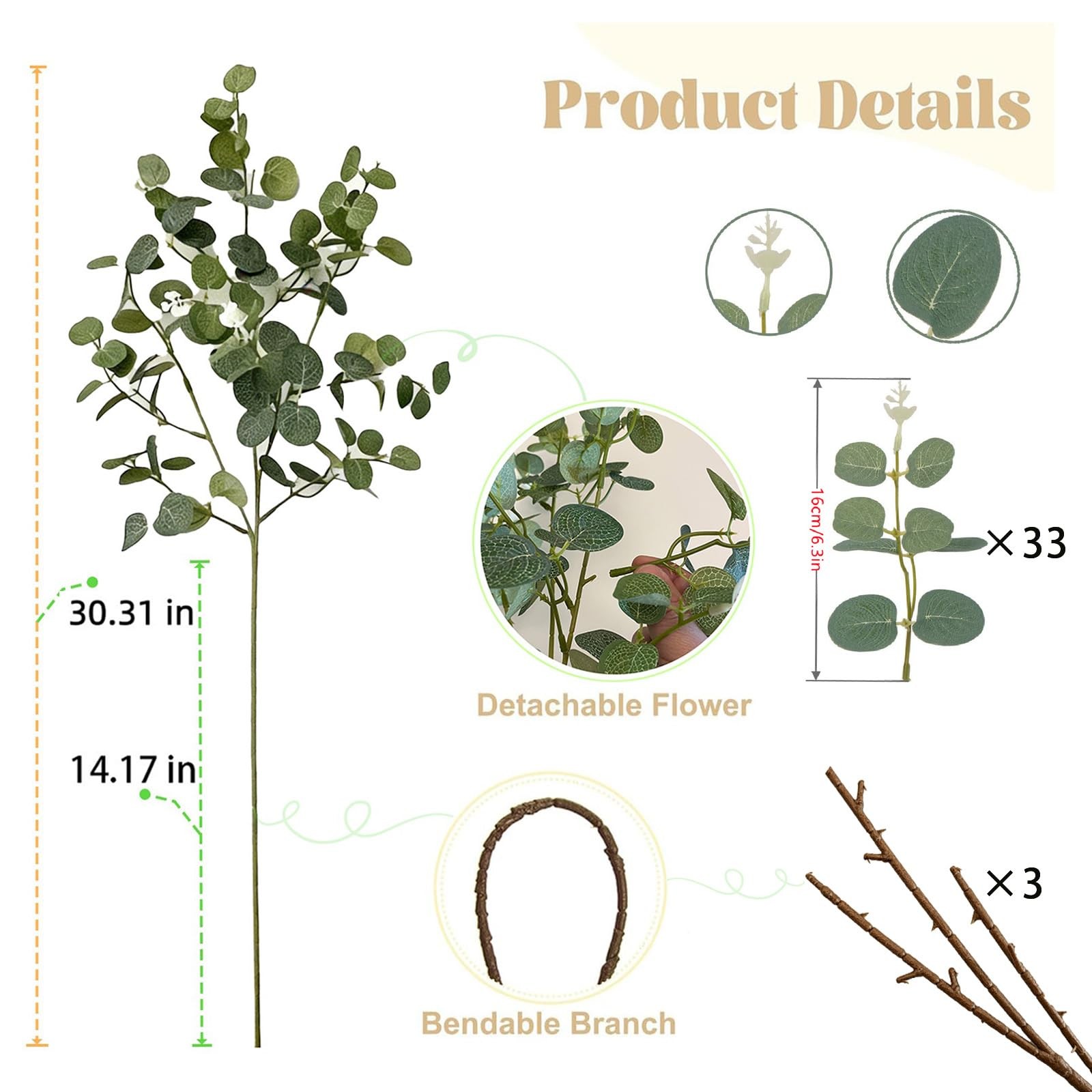 30″ 3-Pack DIY Faux Eucalyptus Branches Greenery Stems