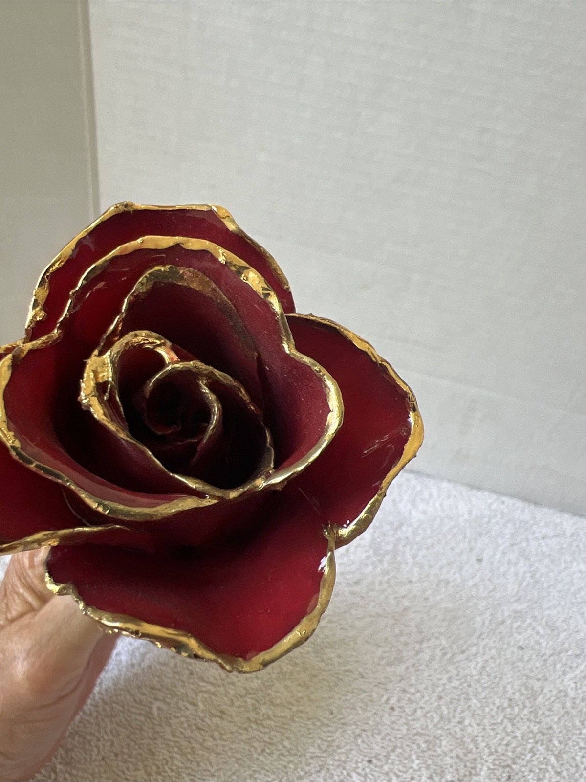 Handcrafted Preserved Red Rose Gloss Laquered With 24K Gold Plated Trimmed
