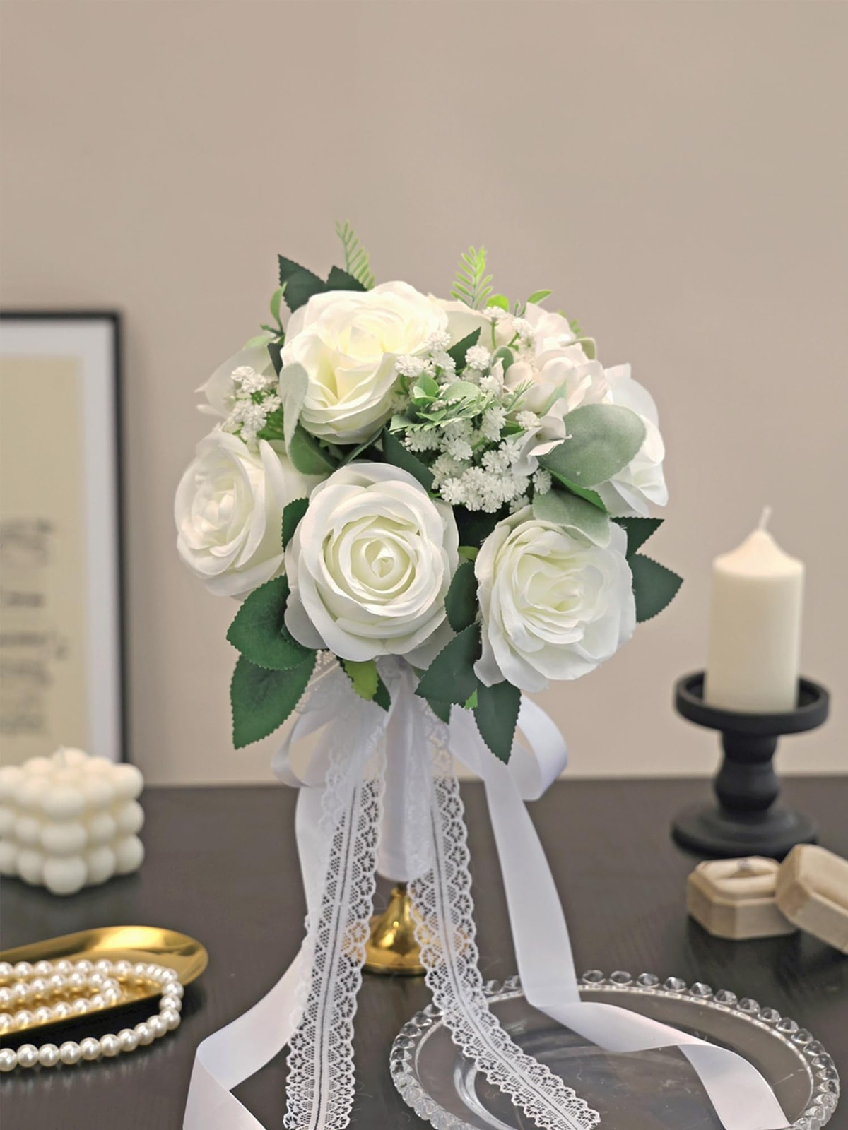 Ivory White 9 Inch Wedding Bouquets Artificial Roses Flowers Bridal Bridesmaid