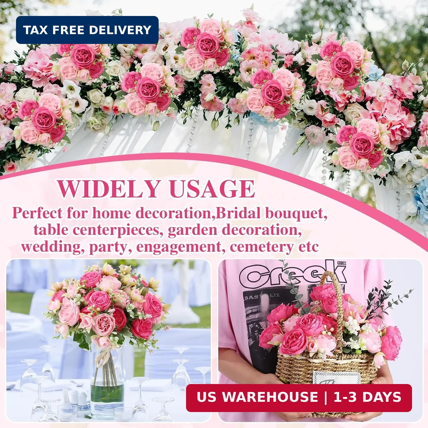 16 Pack Pink,Hot Pink Peonies Artificial Flowers,Fake Silk Hydrangea Bouquet for