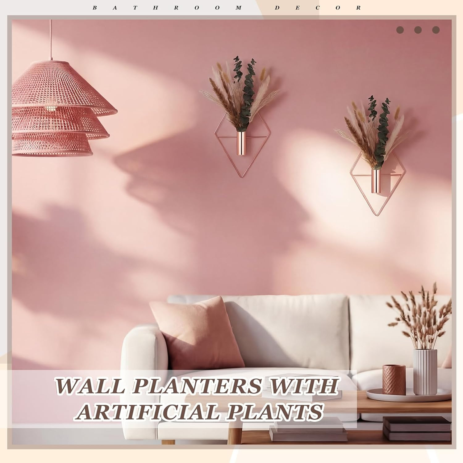 4 Pcs Hanging Planters with Artificial Pampas Rose Gold Metal Hanging Vase Indoo