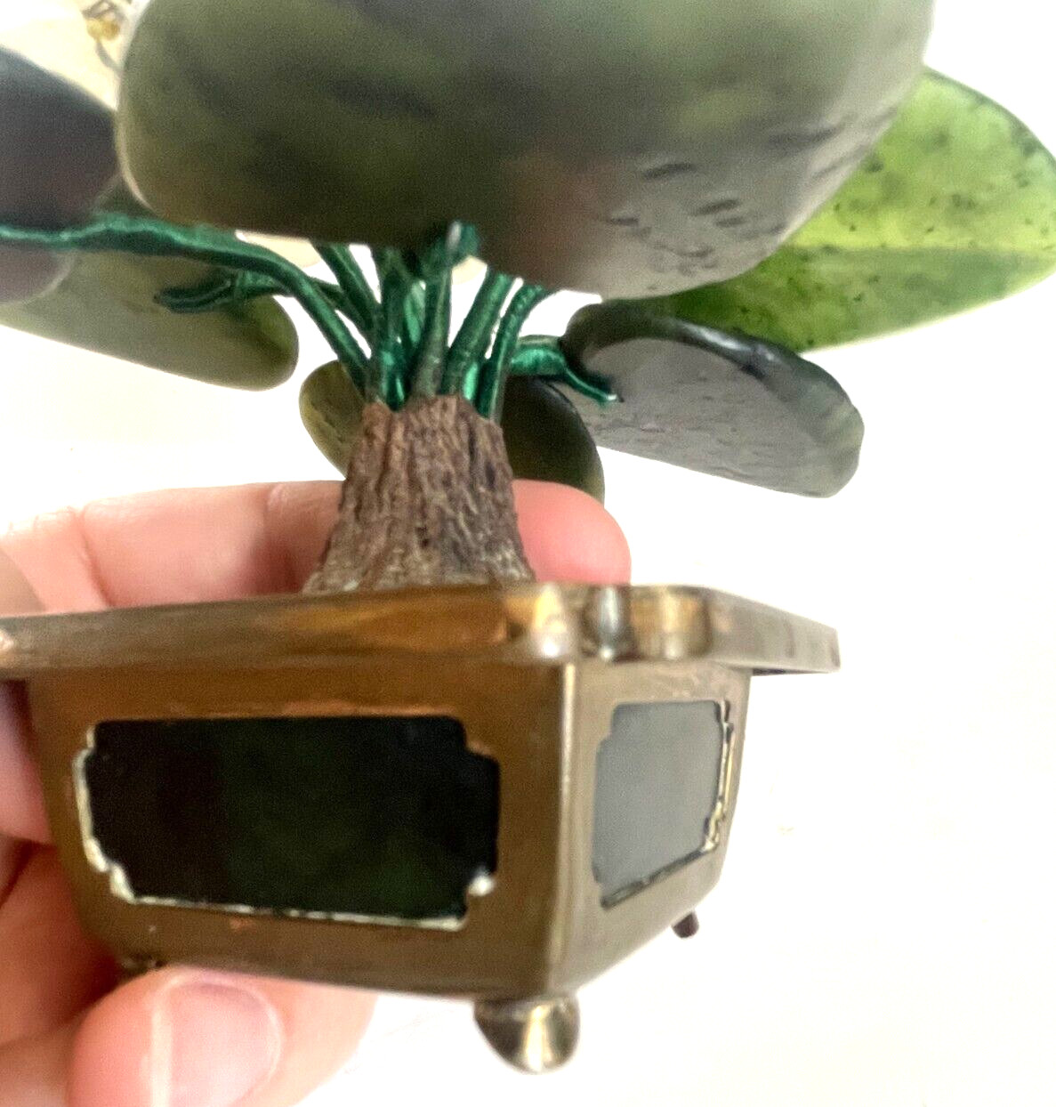 6 Jade Flowers and Petals in Brass Planter 4 “1970s Made in Hong Kong Vintage