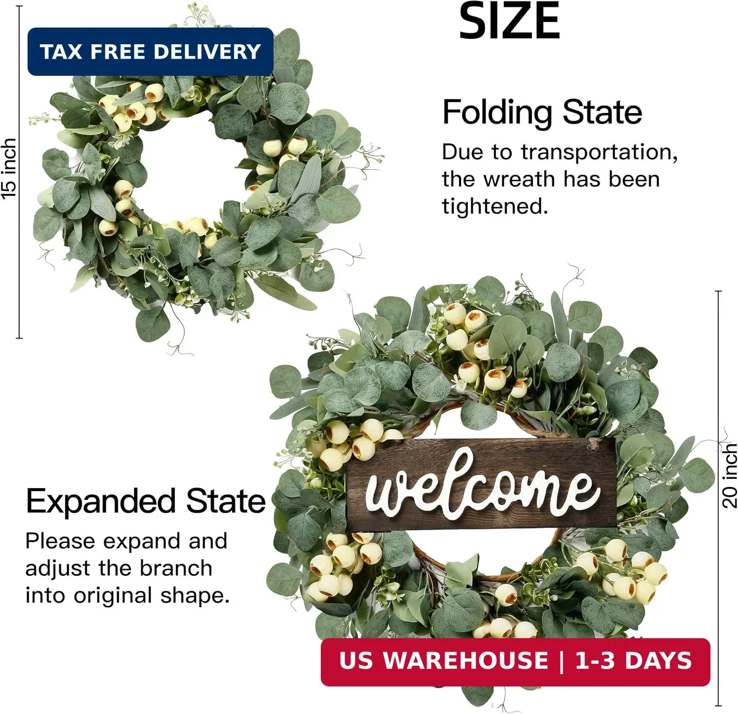 Sggvecsy Green Artificial Eucalyptus Wreath with Welcome Sign 20in Spring Summer