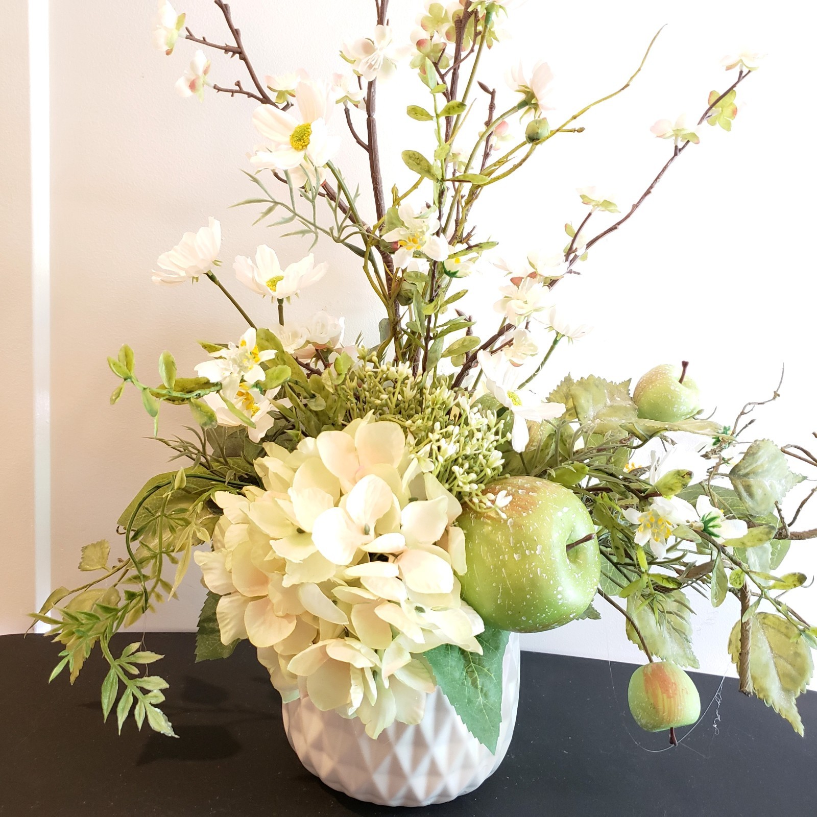 Neutral Apple Blossom Centerpiece, Farmhouse Hydrangea Arrangement, Green Apple