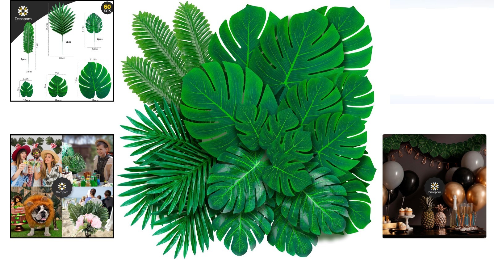 Artificial Palm Leaves Set of 60 Green Faux Jungle Leaves for Party Decor Wed…