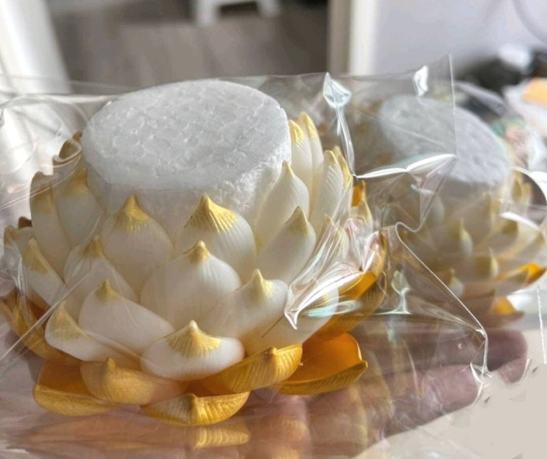 Lotus Flower Air Dry Clay Artificial Gold White Buddha Stand Pedestal Offering