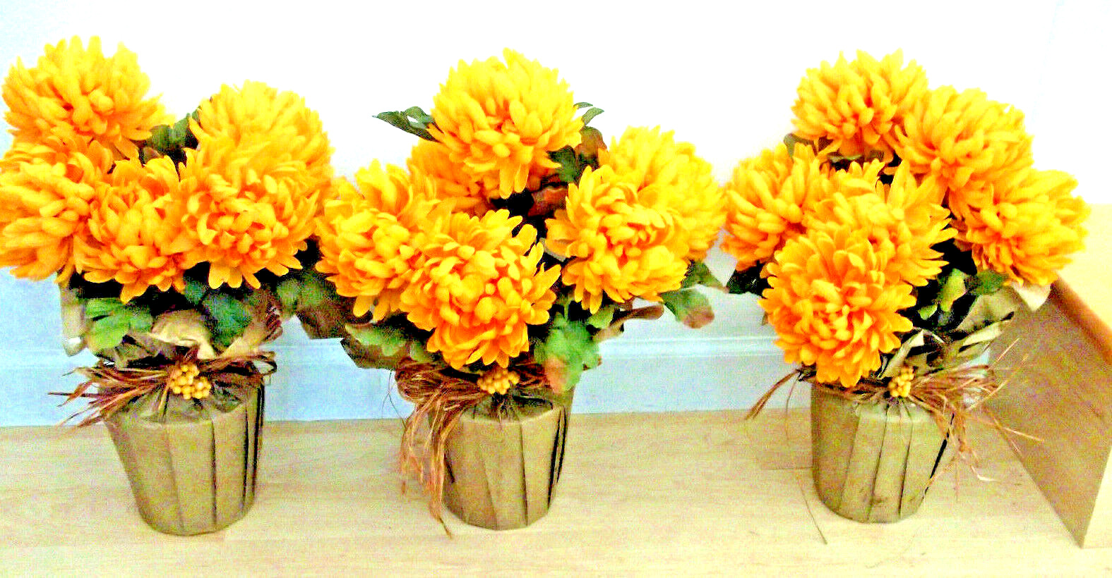 Lot 3 AS IS 16″ Faux Orange 8 MUM Flower Blossoms AUTUMN FALL Covered POT Decor