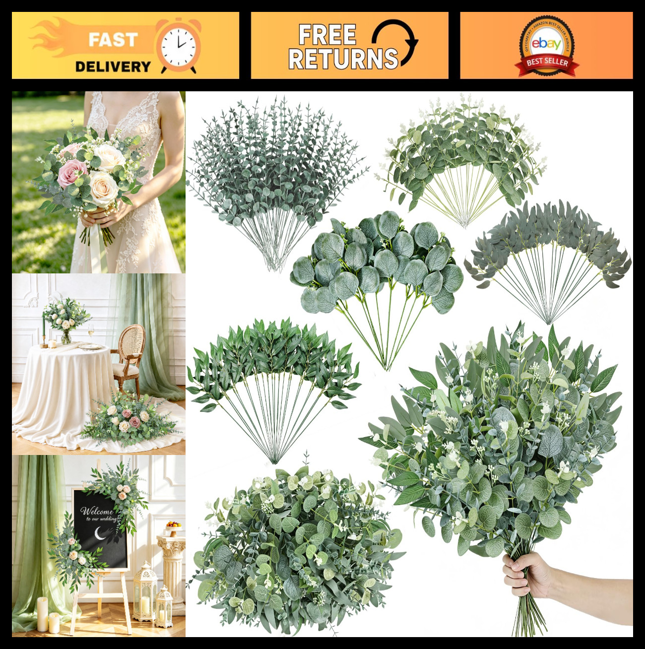 120 Pcs Mixed Artificial Eucalyptus Stems – Faux Greenery for DIY Bouquets & Wed