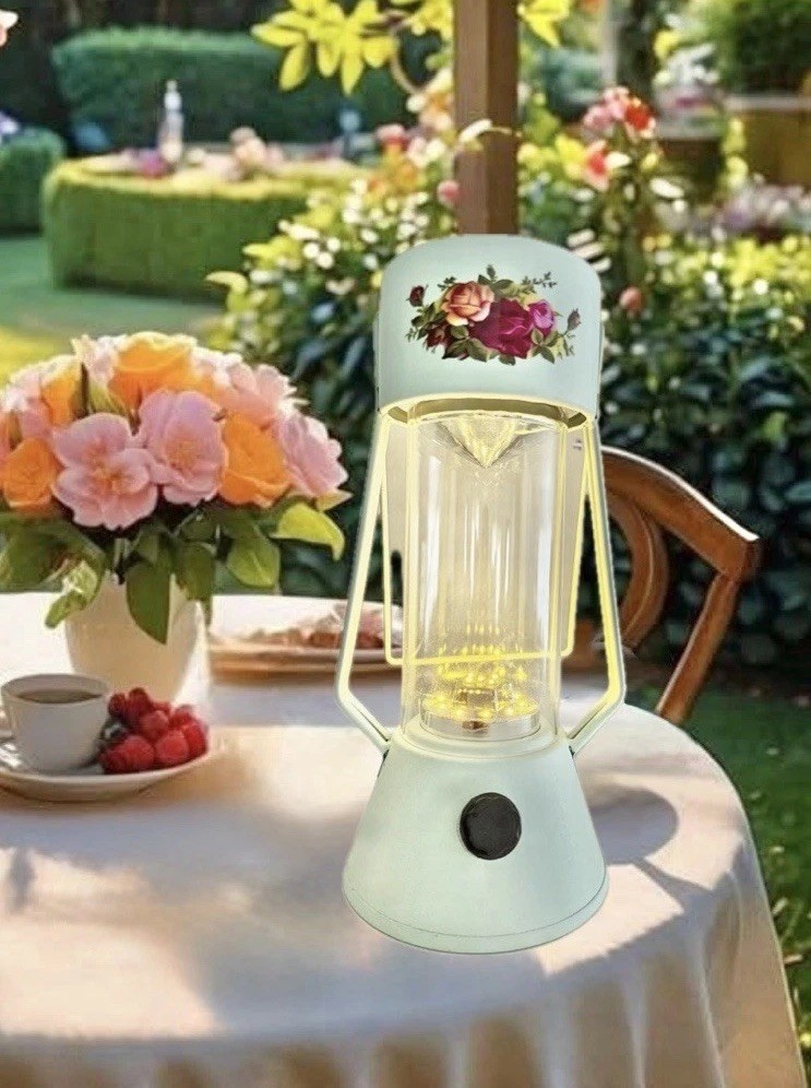 Vintage LED Camping Lantern Floral Rose Motif Mint Green Cottagecore Patio Decor