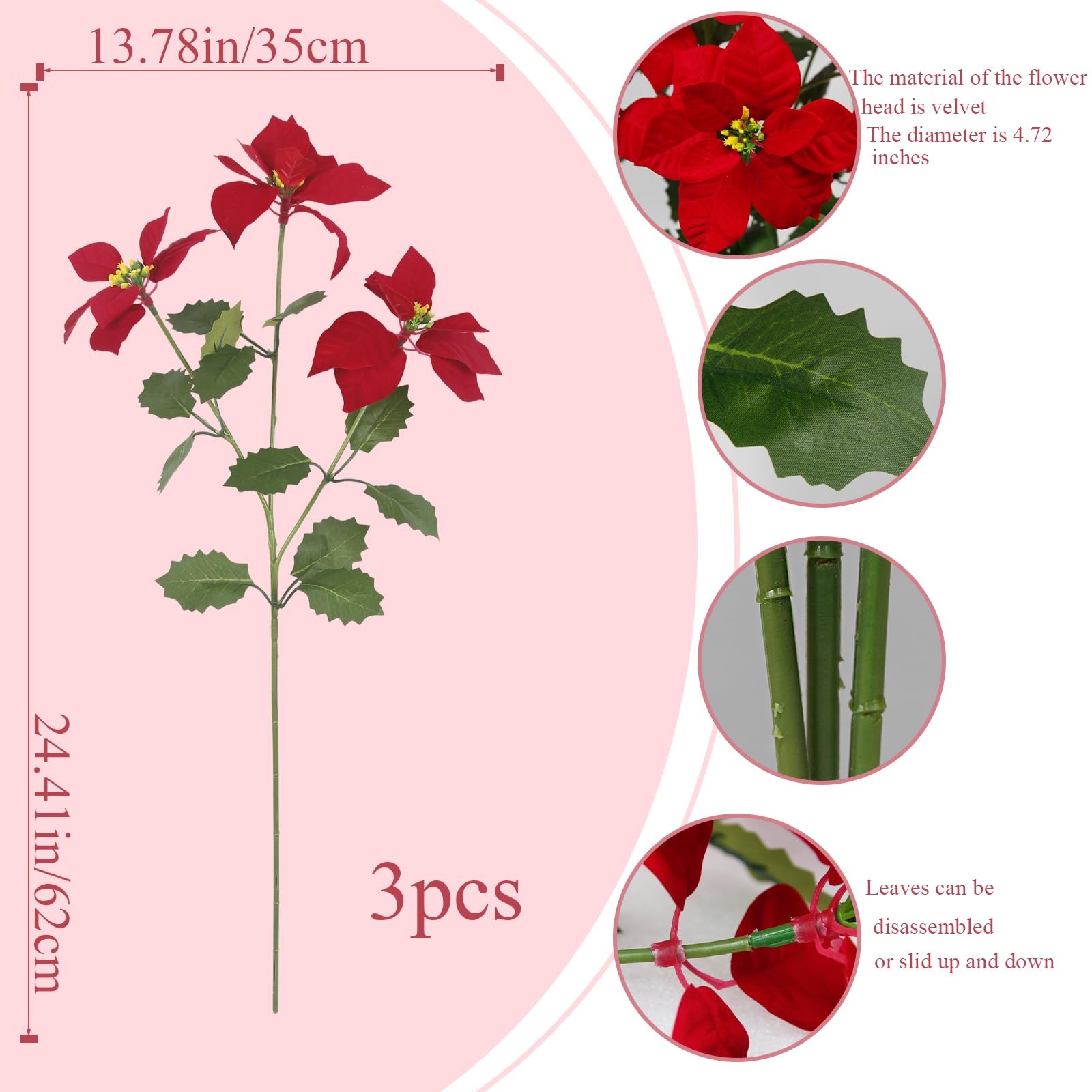 3 Pcs Christmas Flowers Red Artificial Poinsettia Bushes Christmas Poinsettia…