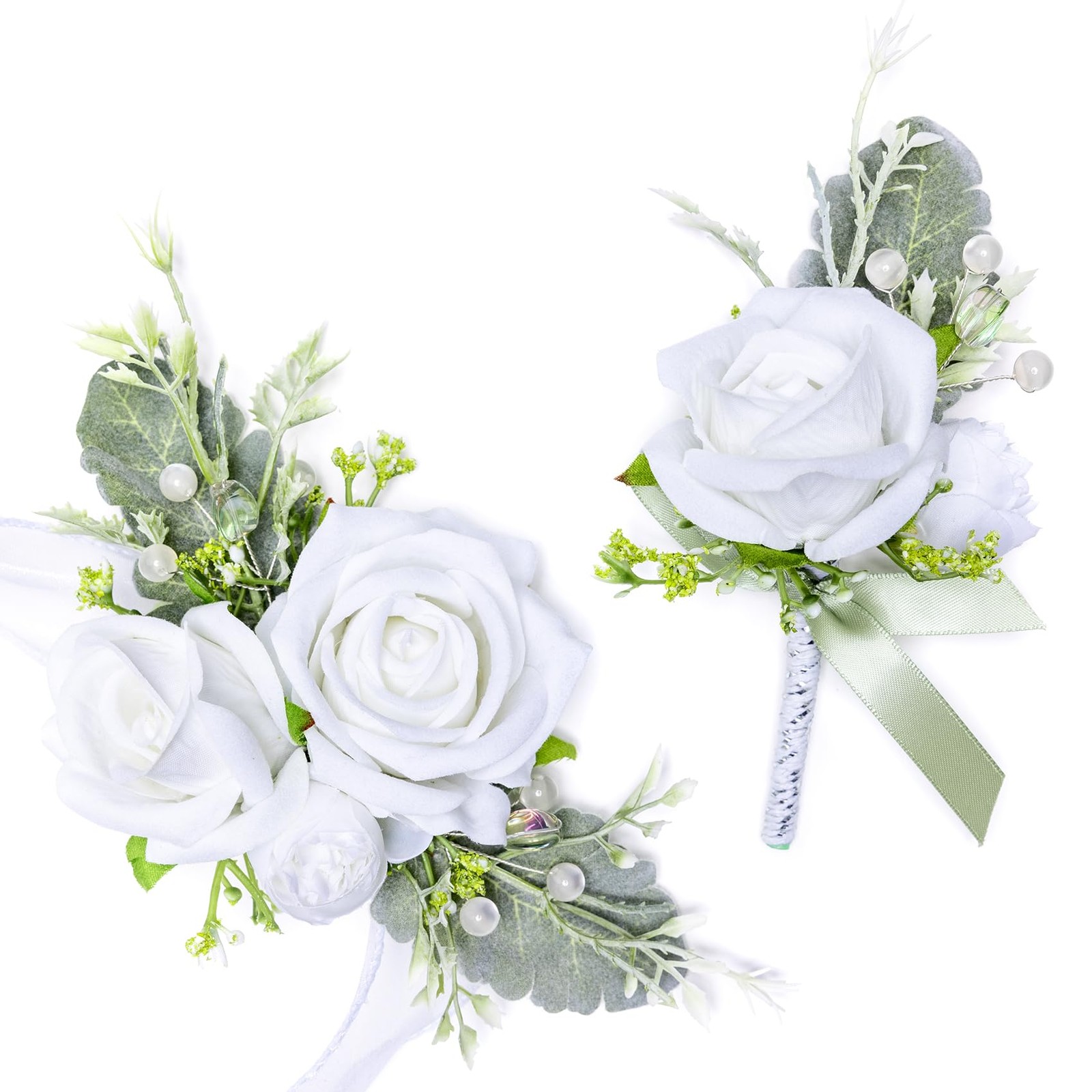 White Wrist Corsage and Boutonniere Set for Bride Groom Bridesmaids Groomsmen…