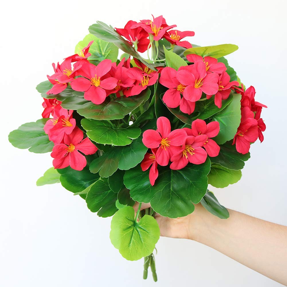 Red Artificial Geranium Bush Silk Flowers with Green Leaves for Home Garden