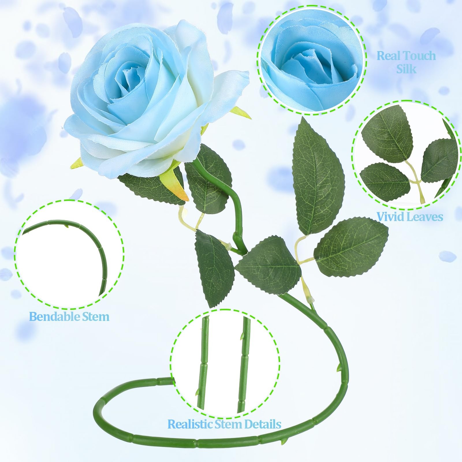 68 Pcs Ice Blue Artificial Roses Fake Flowers,Silk Flowers with Stems for DIY…