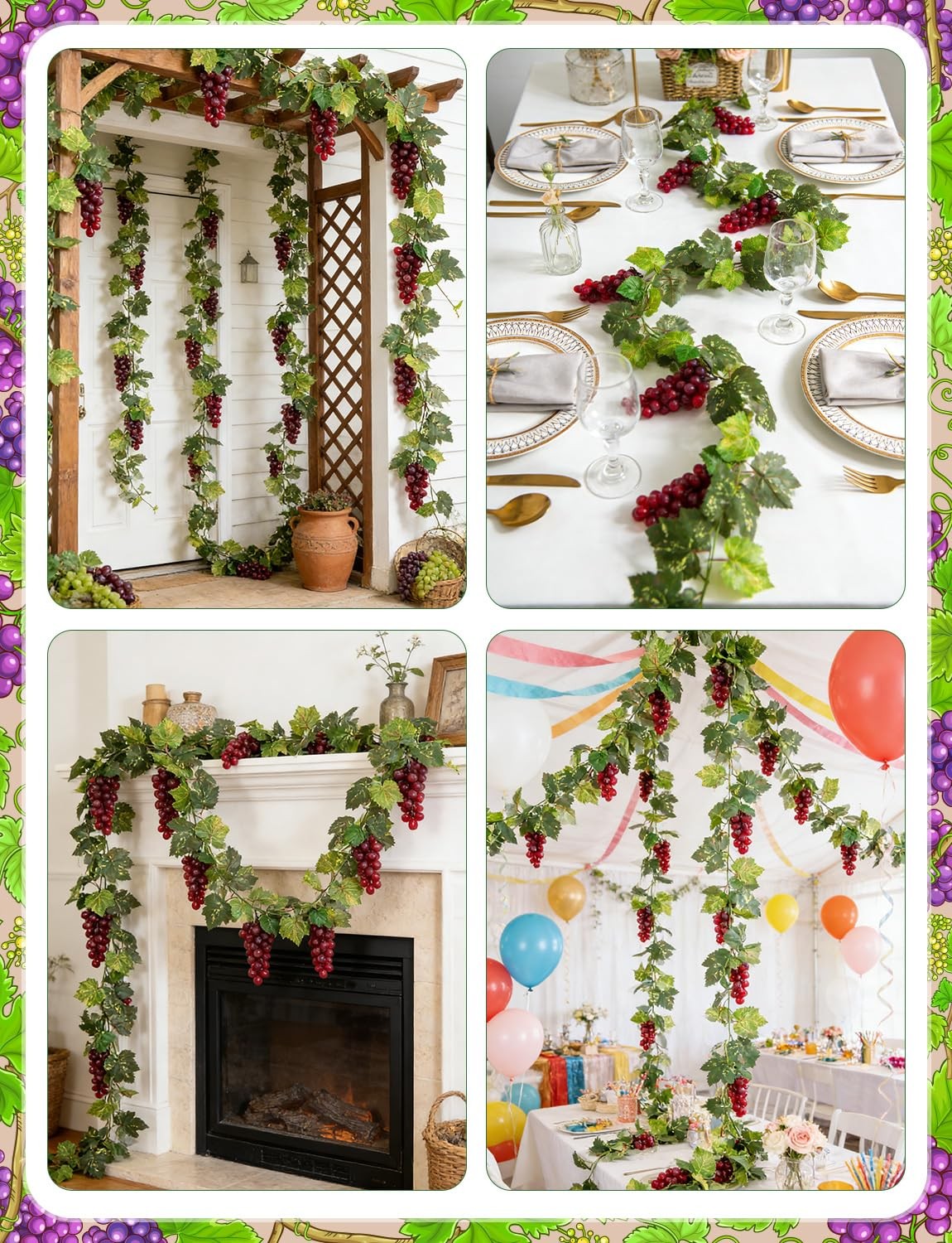 6.6FT Artificial Grape Vine Leaf Garland Plant with 7 Strings Grapes, Fake Ar…