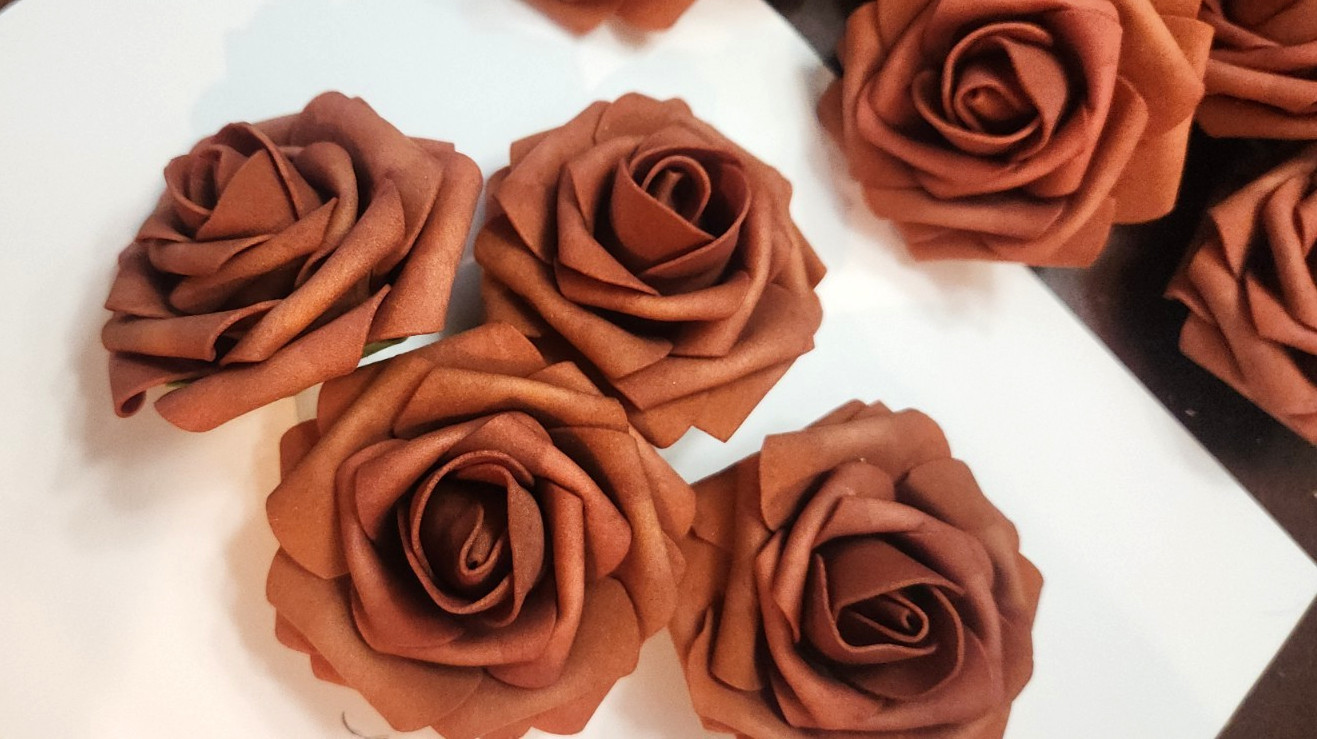 21 Foam Flower Blossom Heads Roses Terracotta Sunset & Burnt Orange Stemless