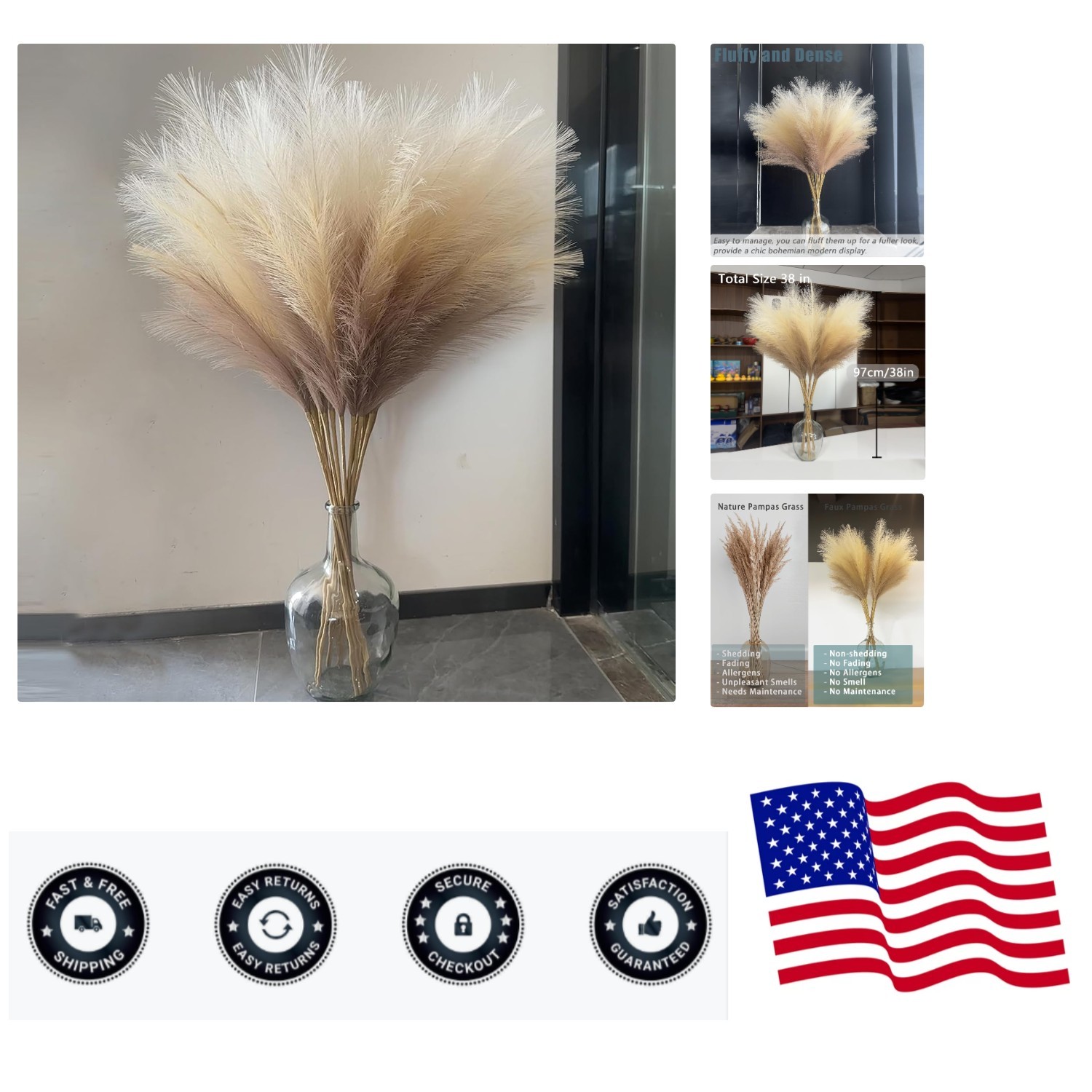 38″ 10 Stems Faux Pampas Grass Decor – Tall Pampas Grass for Floor Vase, Boho…