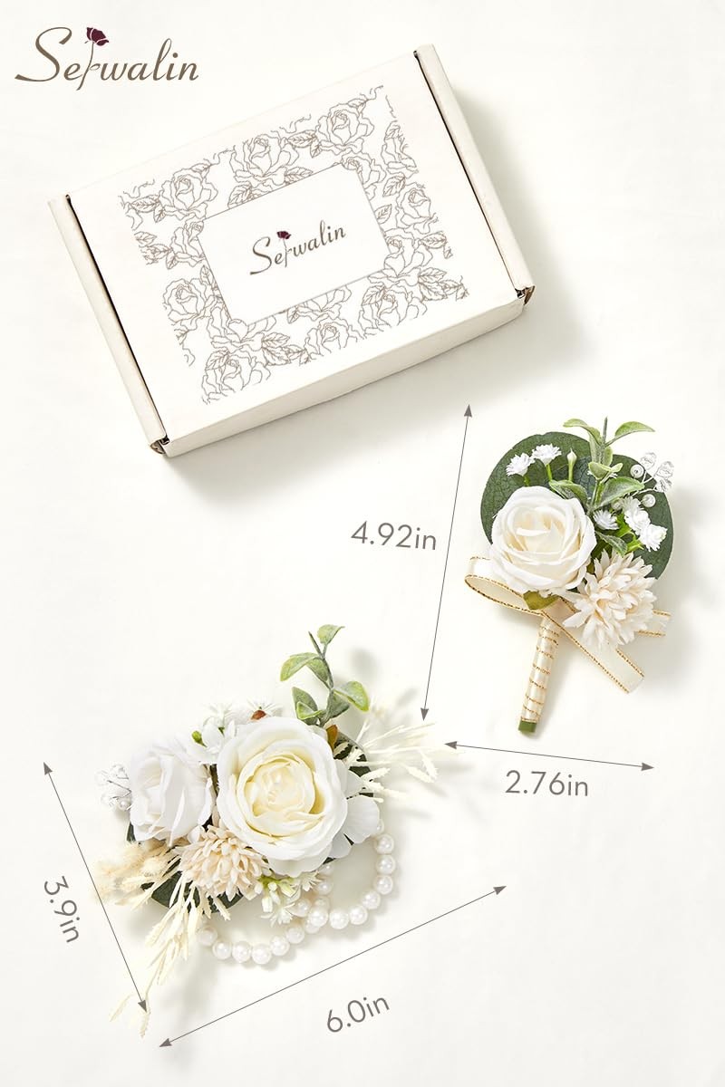 White Rose Boutonniere And Wrist Corsage Set For Prom Wedding Party Men