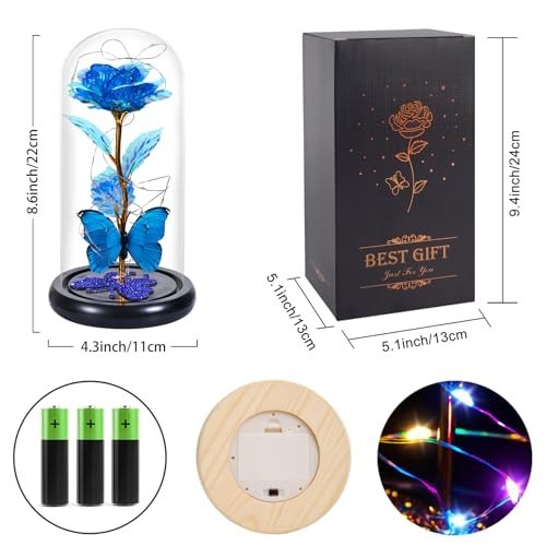 Eternal Blue Rose in Glass Dome with Butterfly – Valentine’s Day Gifts for Her,