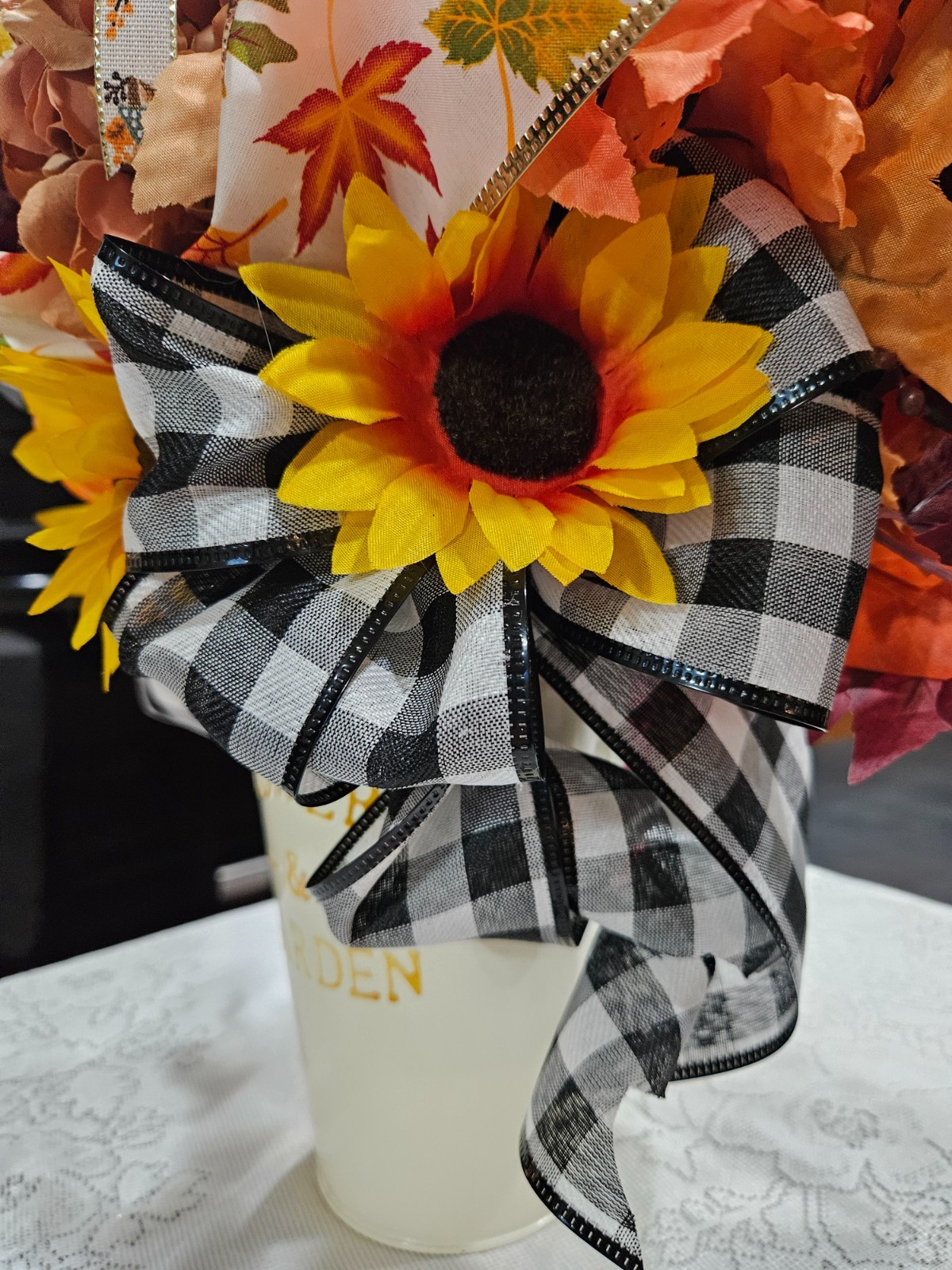 Chic Fall Florals with Ribbons, Bucket Vase, Orange, Cream, Dark Red